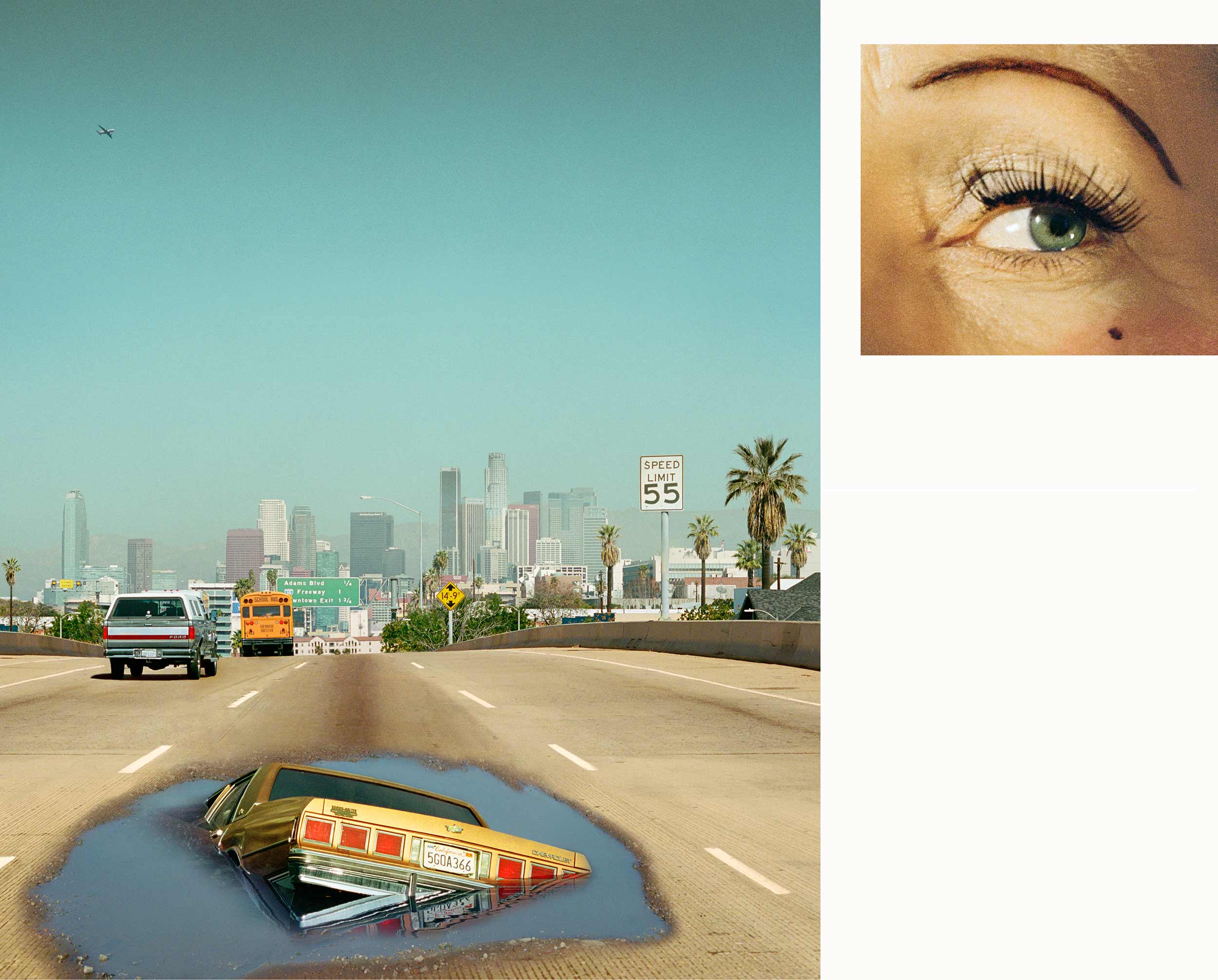   Compulsion   2:00 PM, Interstate 110 and Eye #6 (Sinkhole) (Diptych),  2012 Scene: 59 x 51.5 inches, Eye: 20 x 23 inches 