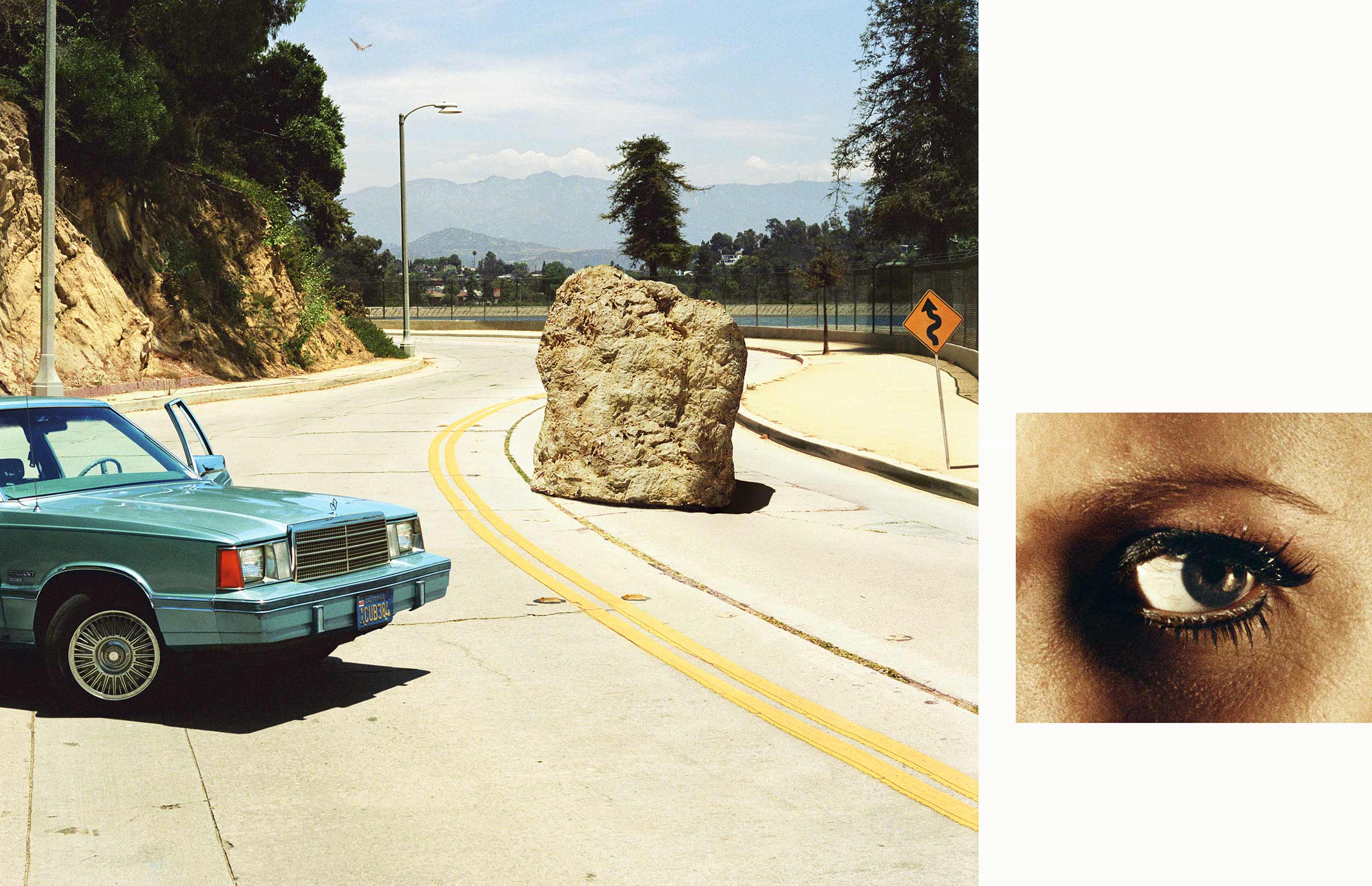   Compulsion   1:18 PM, Silverlake Drive and Eye #2 (Boulder) (Diptych),  2012 Scene: 58 x 64.7 inches, Eye: 20 x 23 inches 