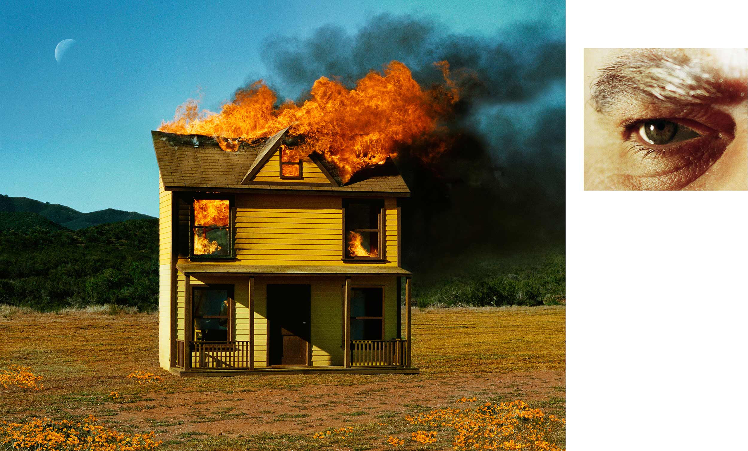   Compulsion   4:01 PM, Sun Valley And Eye #3 (House Fire) (Diptych),  2012 Scene: 59 x 74.8, Eye: 20 x 23 inches 