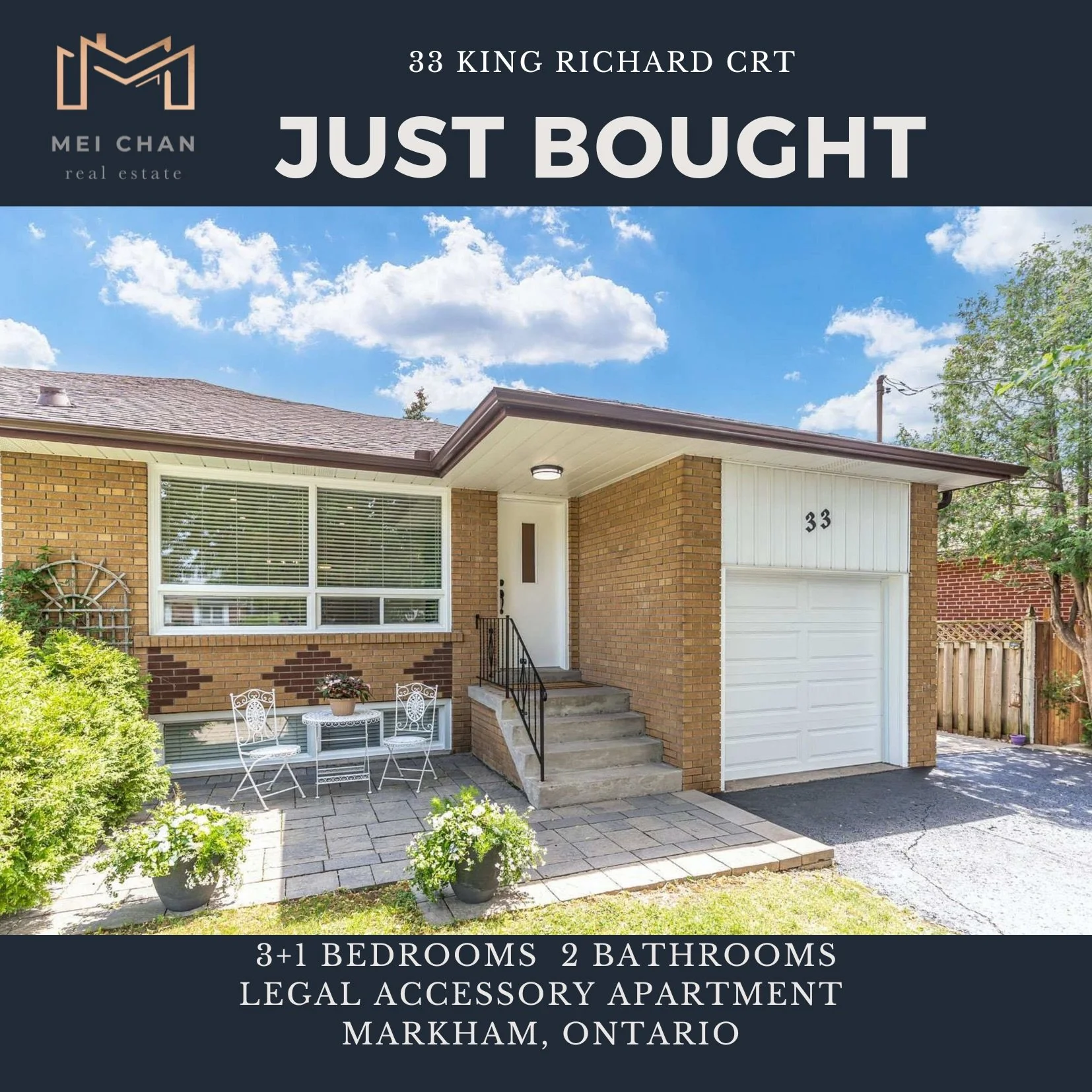 Congratulations to my client for purchasing the first home and becoming a landlord at the same time!! Live in one level and rent out the other. Convenient Markham location walkable to Markville Mall, GO station and restaurants. Extra wide and long dr