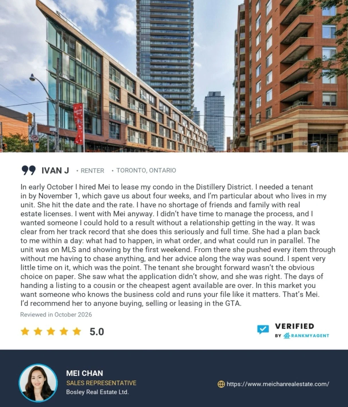 Thank you for this review, Ivan! 🙏

A four-week runway to Nov 1 with a high bar for the right tenant was exactly the kind of brief I enjoy, and I really appreciate the landlord&rsquo;s trust in me. 

Congratulations on securing a great tenant! ✨