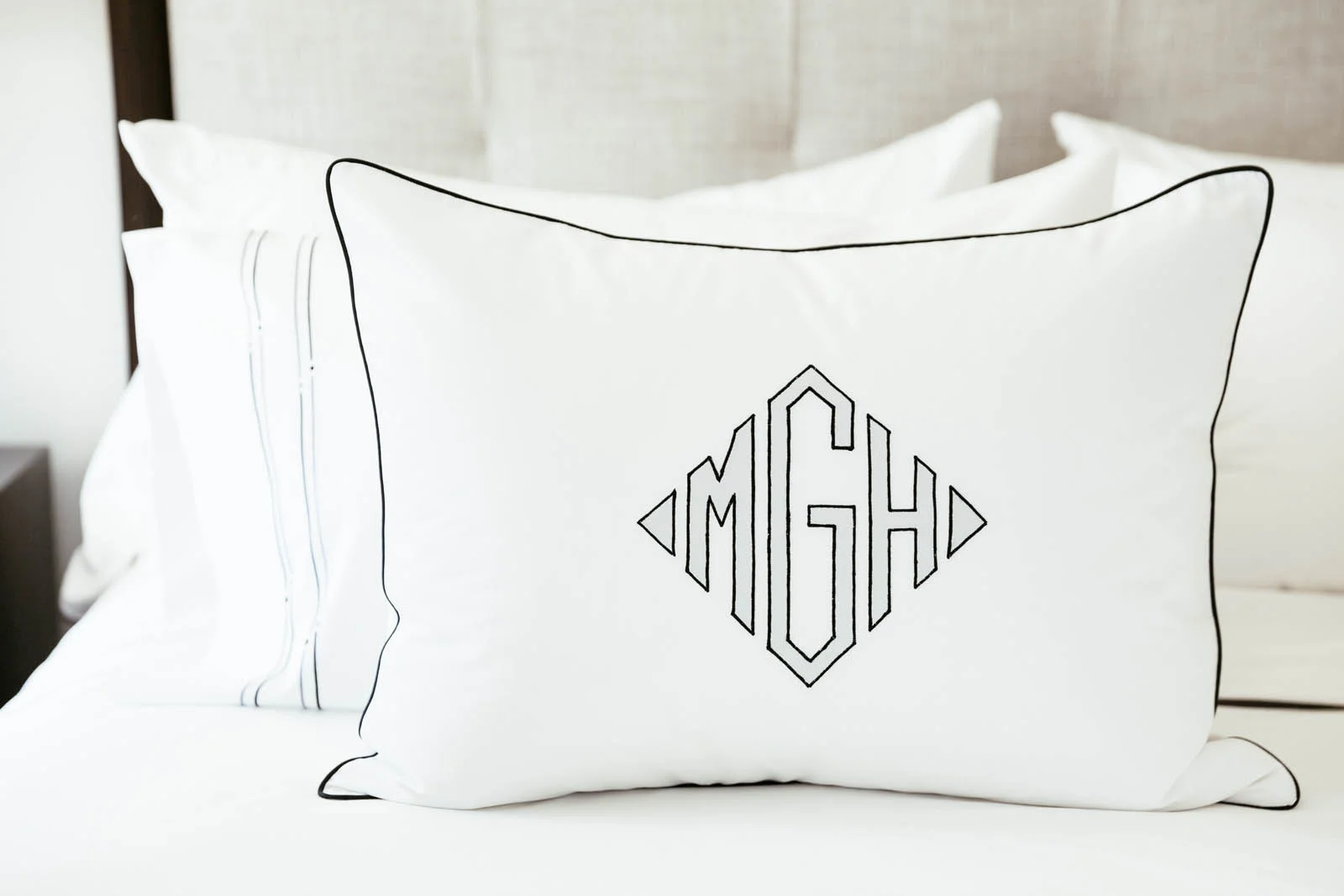 Standard Sham with piping and Diamond Applique in silver with black thread