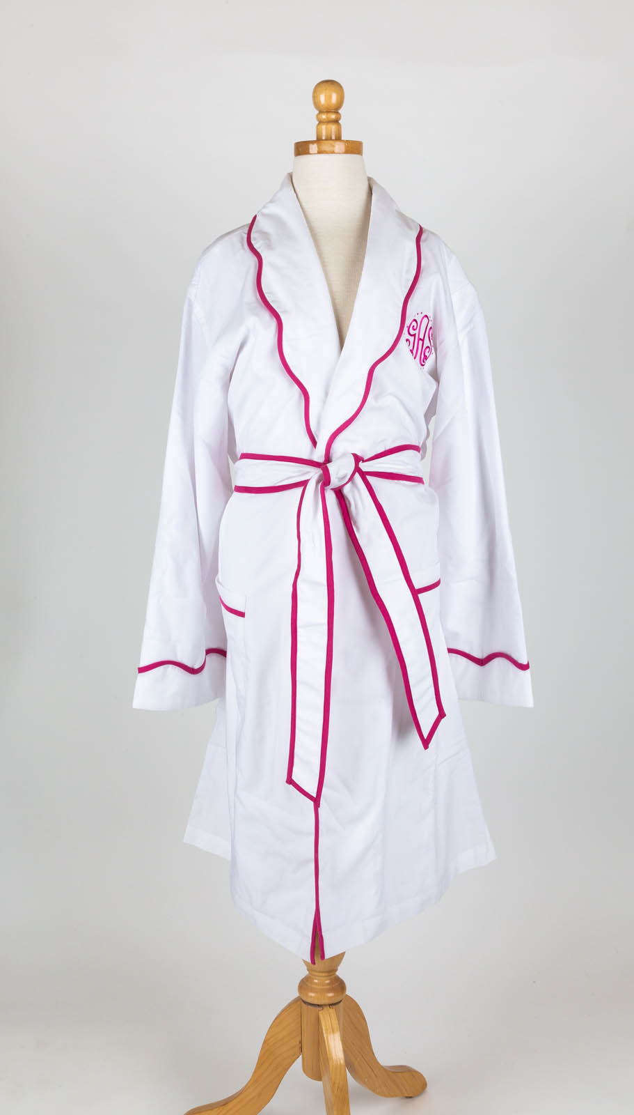 Scallop collar white poplin robe with Kate Monogram (available unlined or terry jersey lined)