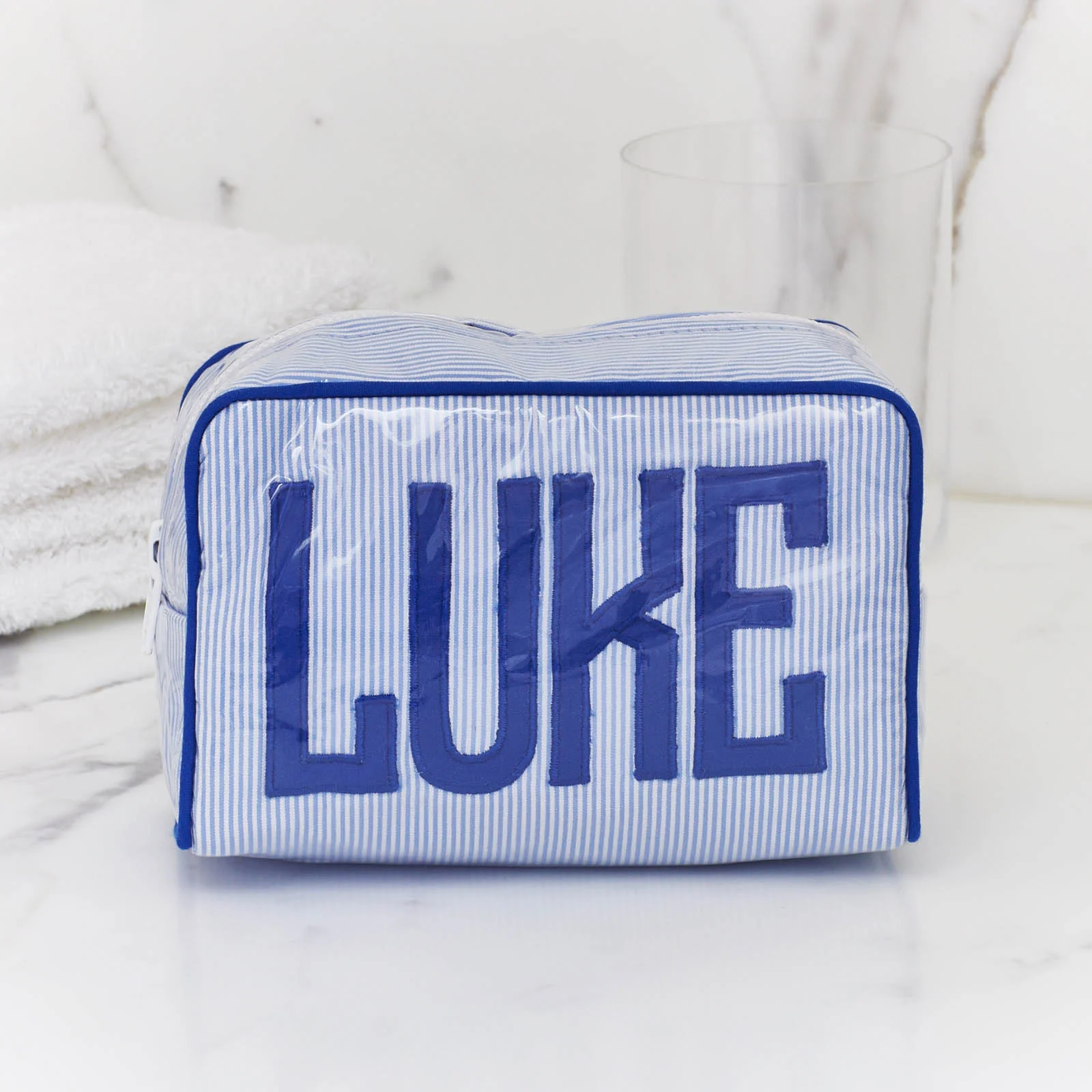Small Milan in blue pinstripe with Matt appliqué plastic coated