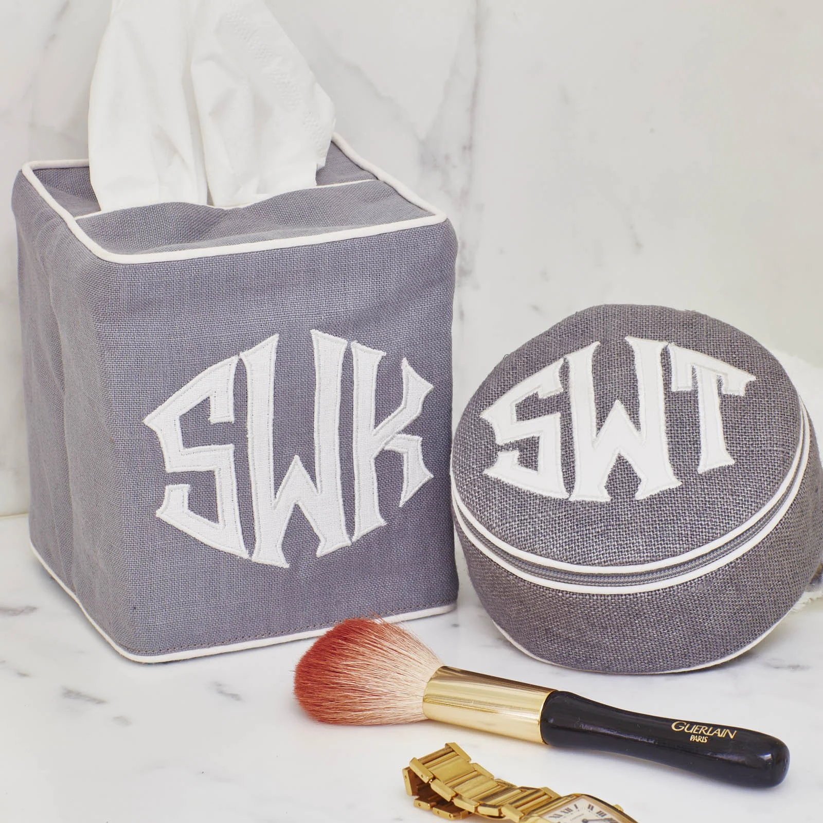 Tissue box cover in smooth grey linen with White Oval appliqué 4" textured grey linen with White Oval appliqué