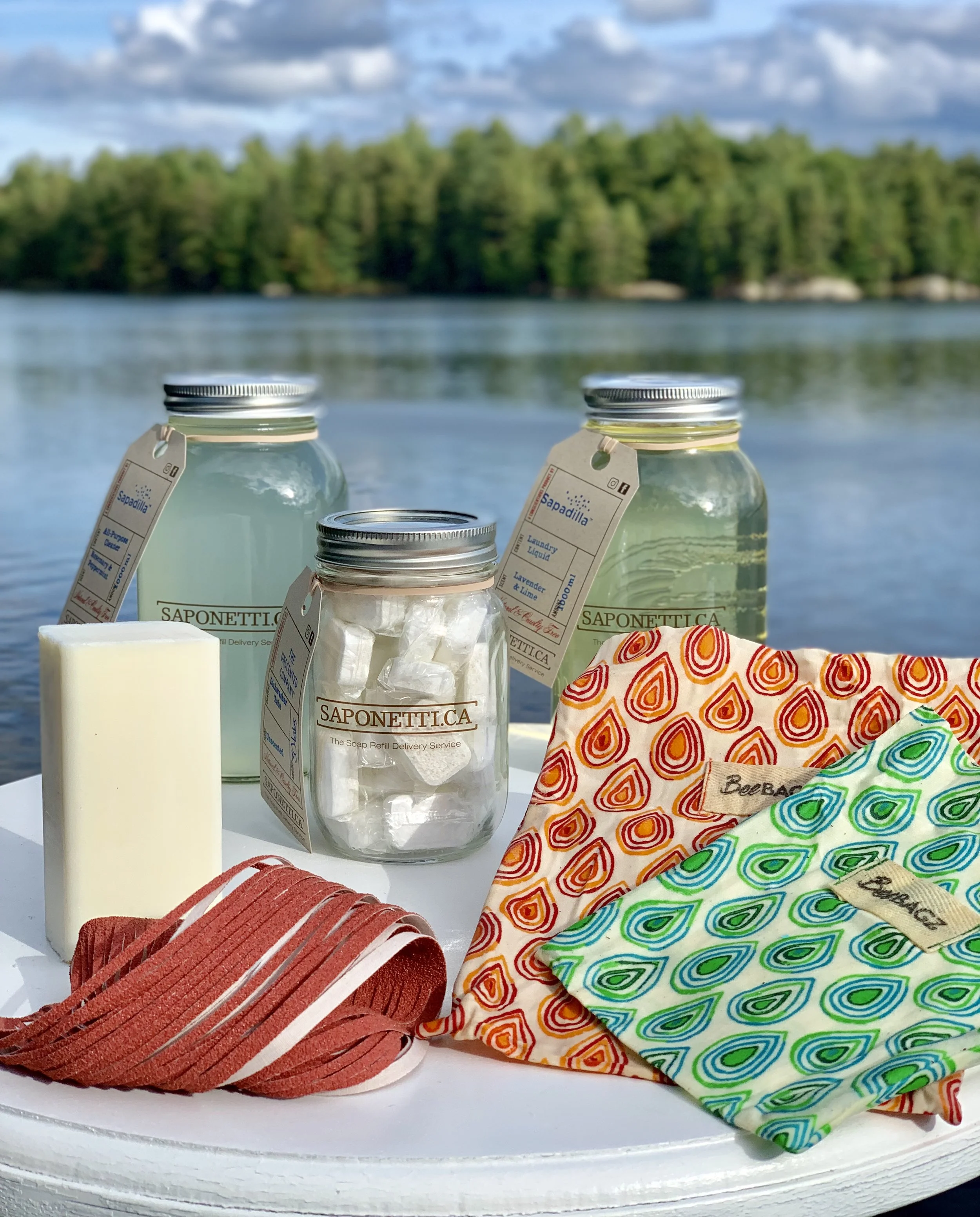 Products From Lower Left to Right: “All-Purpose Spaghetti Scrub” by Goodbye Detergent, Saponetti “Stain Remover Laundry Bar,” “All Purpose Cleaner, Rosemary & Peppermint,” “T.C.U. Dishwasher Tabs,” “Laundry Liquid, Lavender & Lime,” “Beebagz Starter Pack” (large size not pictured)