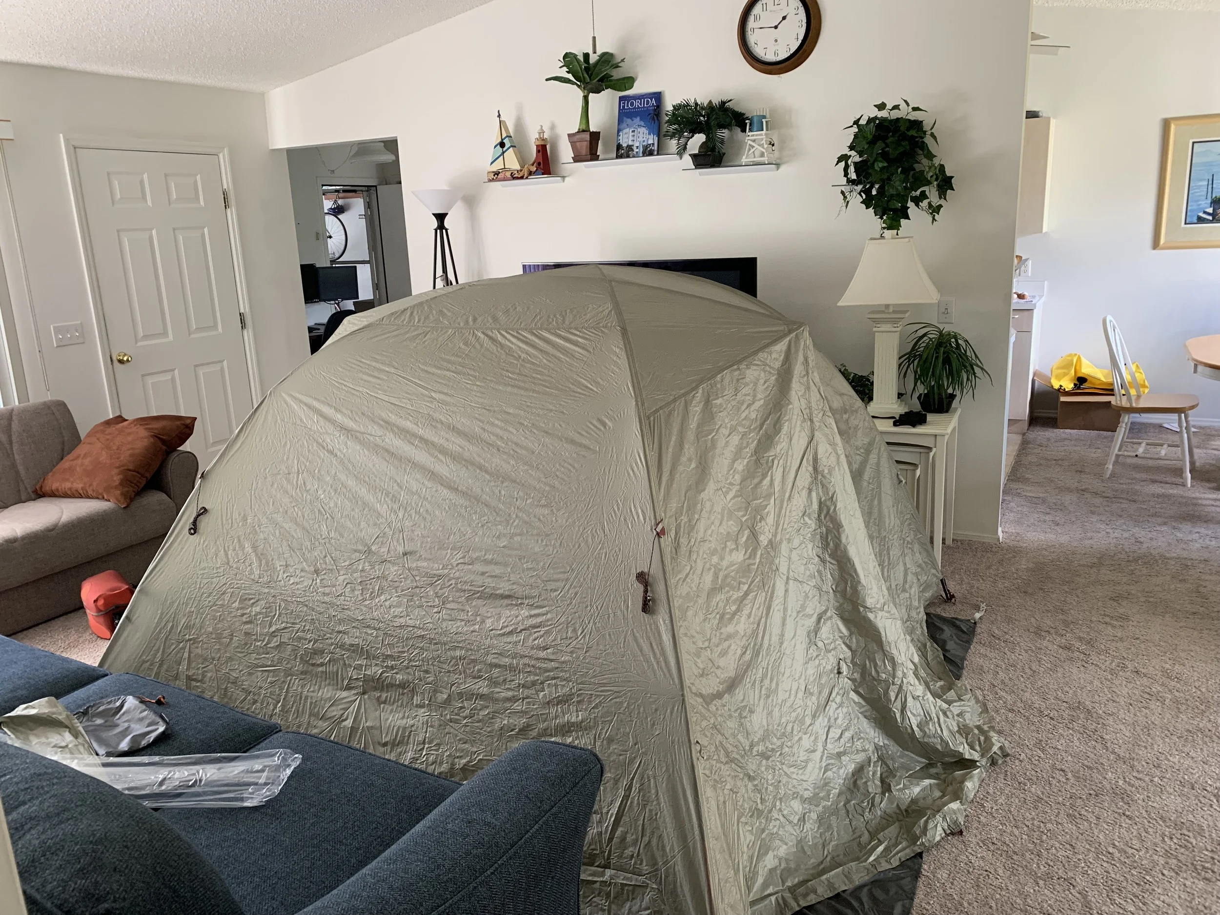 We practiced putting up our new Big Agnes Copper Spur HV UL4 tent in the living room. It’s easier to work out the kinks and add guy lines when there’s no wind, and the floor is flat.