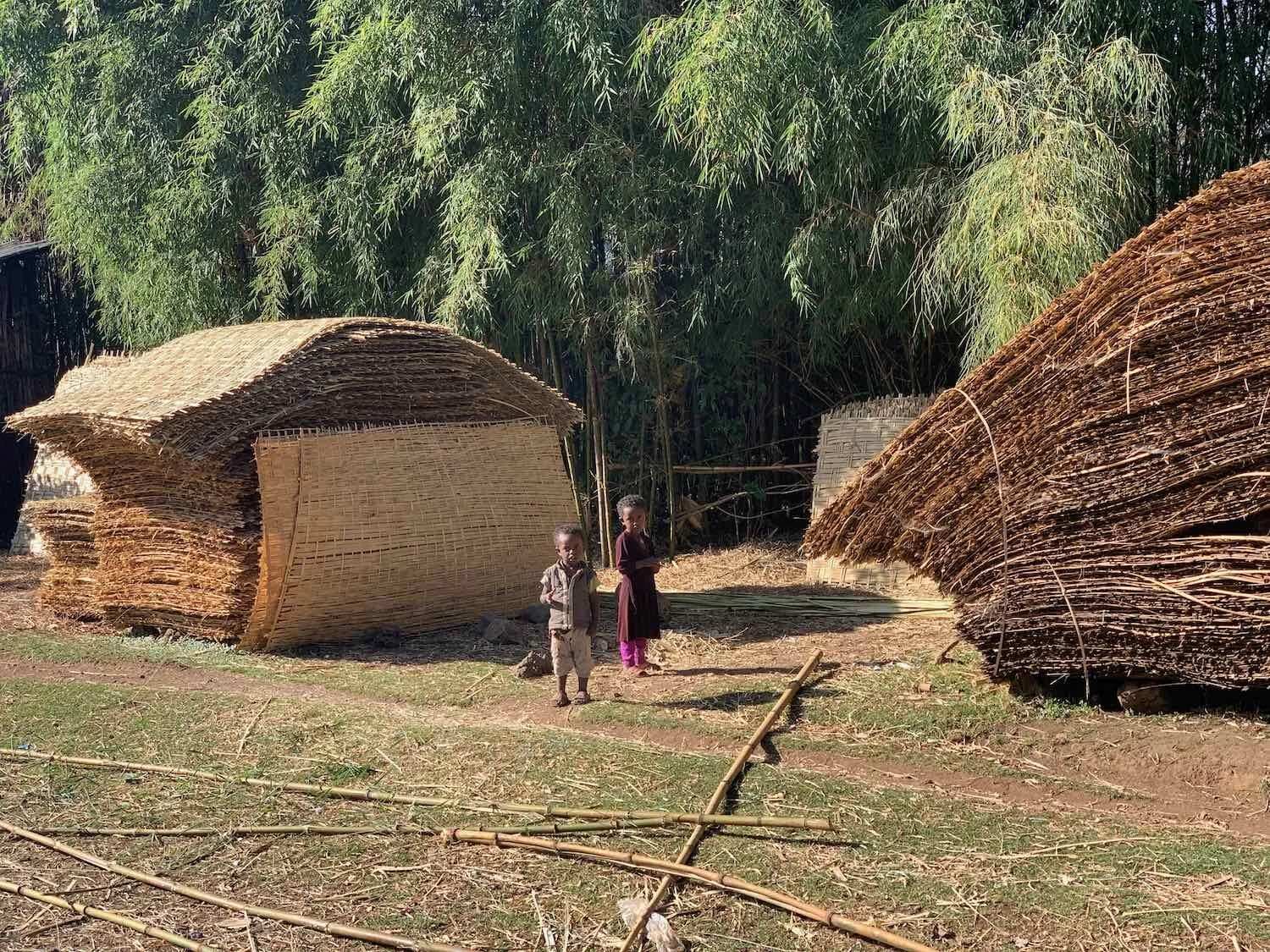Piles of bamboo mats, at the edge of town