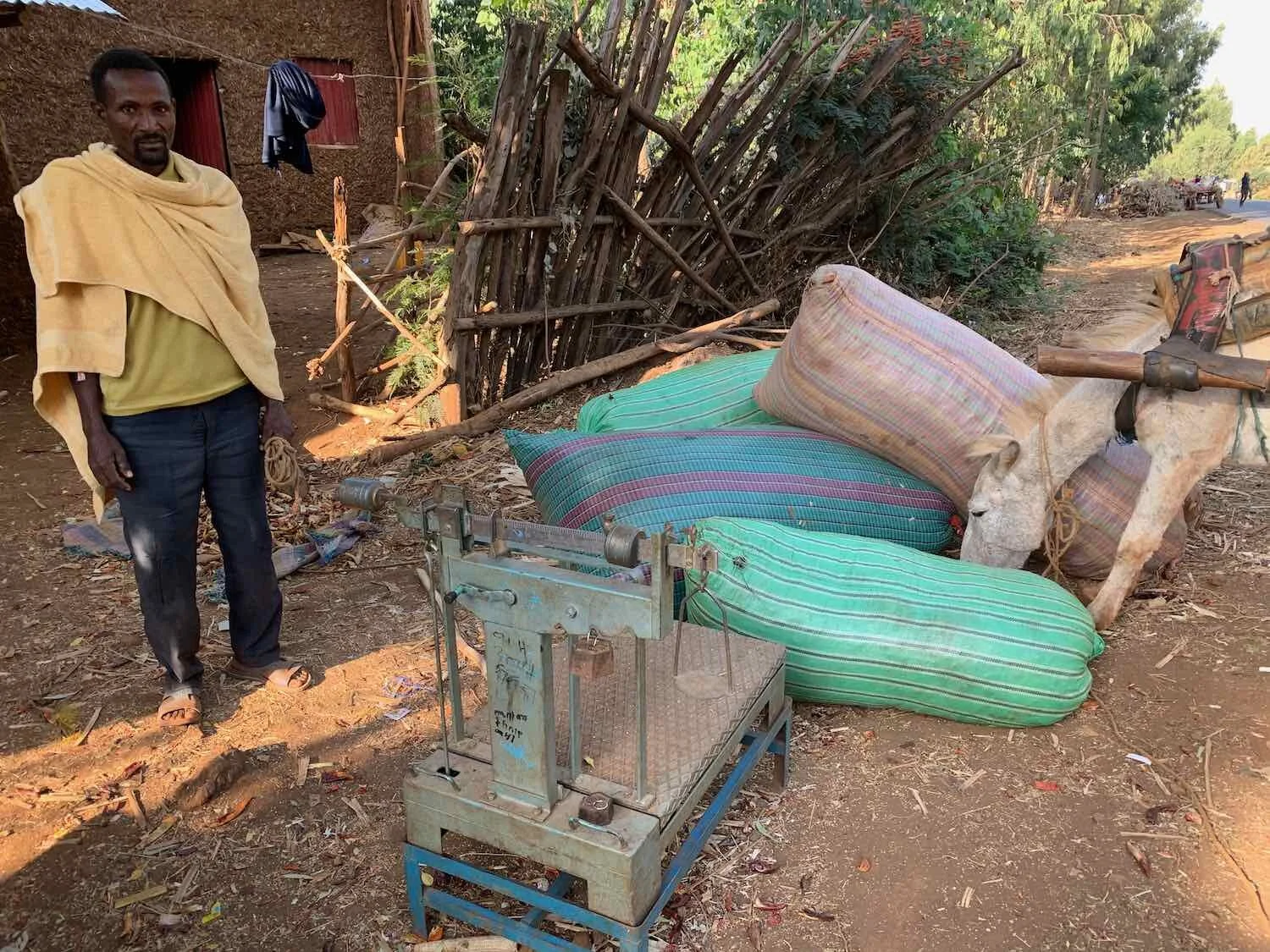 A trader weighs the merchandise