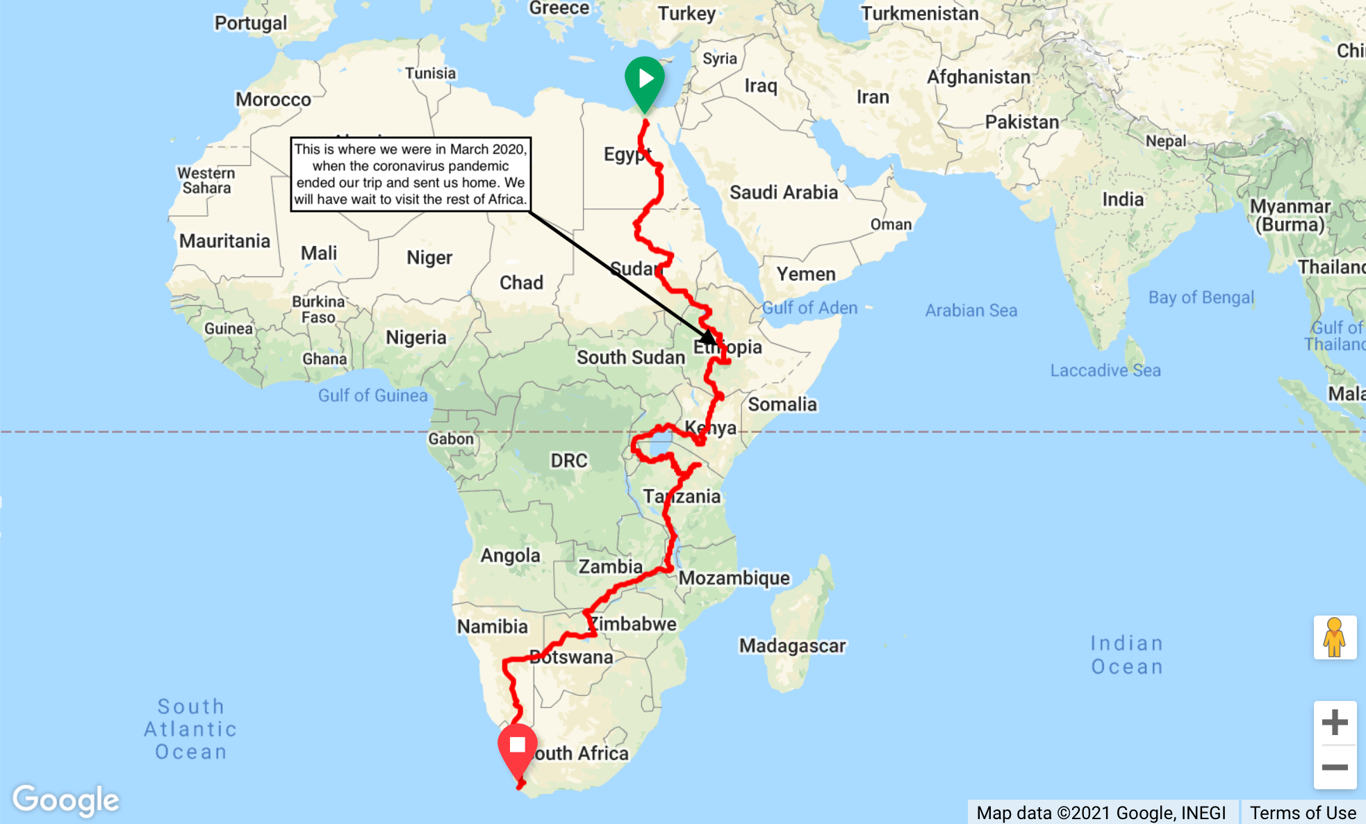 2,140 miles (3,445 km) from Cairo, Egypt, to Addis Ababa, Ethiopia