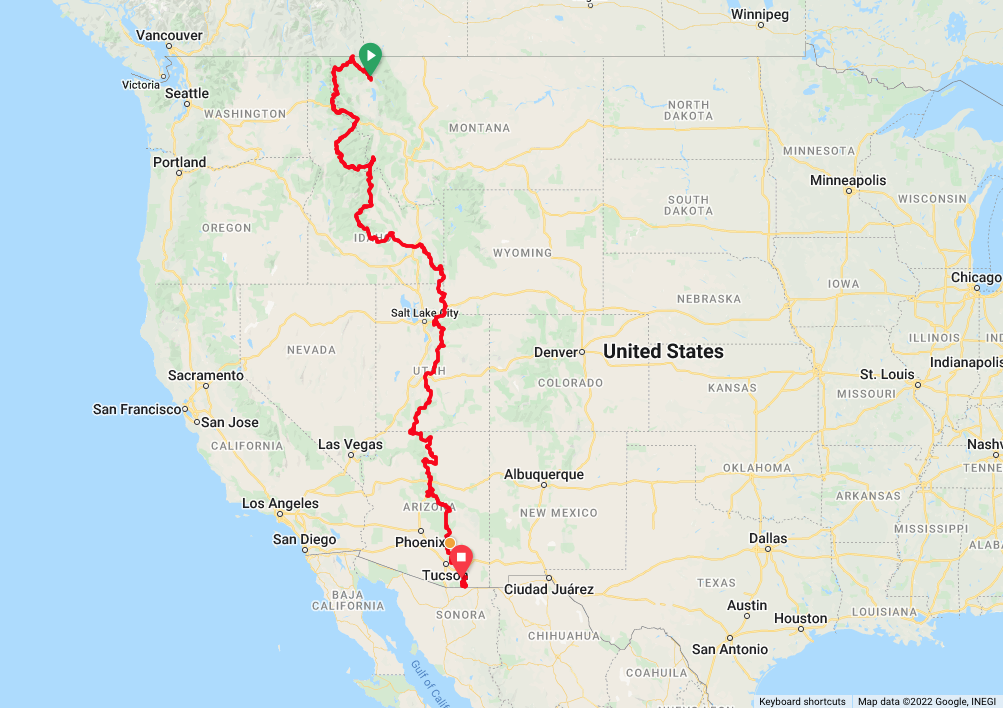 2,800 miles (4,500 km) from Kalispell, MT to Sierra Vista, AZ (USA)