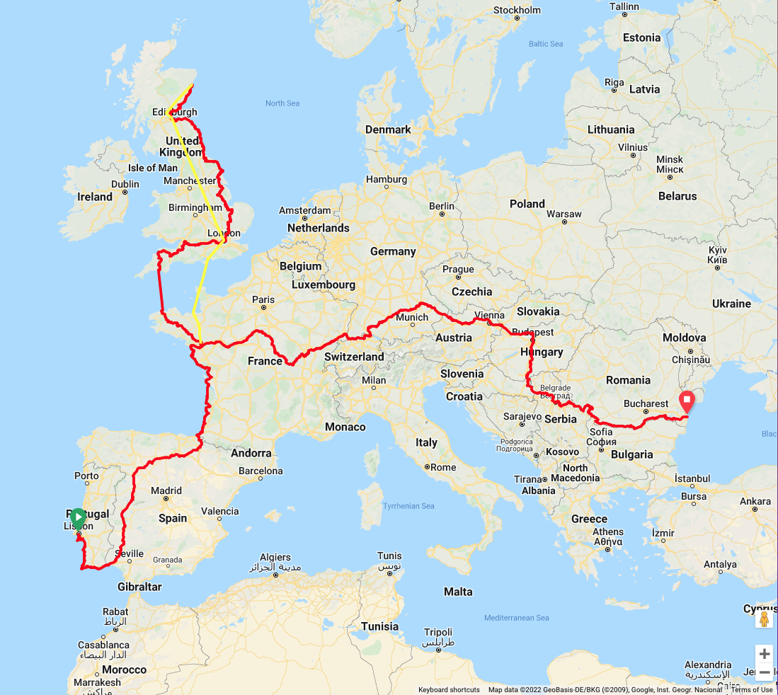 5,800 miles (9,355 km) from Lisbon, Portugal to Constanta, Romania (via the UK)