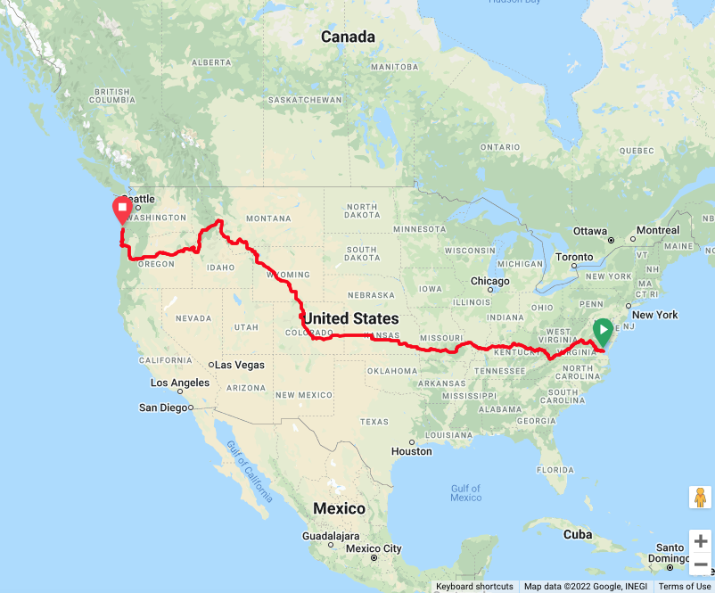 4,430 miles (7,130 km) from Yorktown, VA to Astoria, OR (USA)