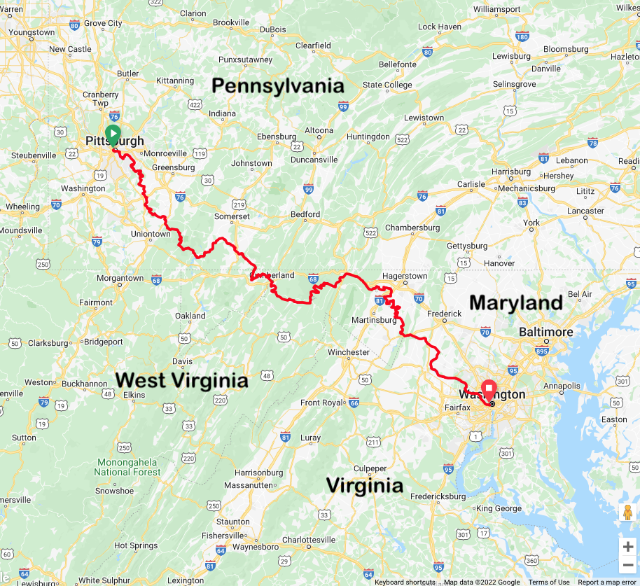 350 miles (563 km) from Pittsburgh, PA to Washington, DC (USA)