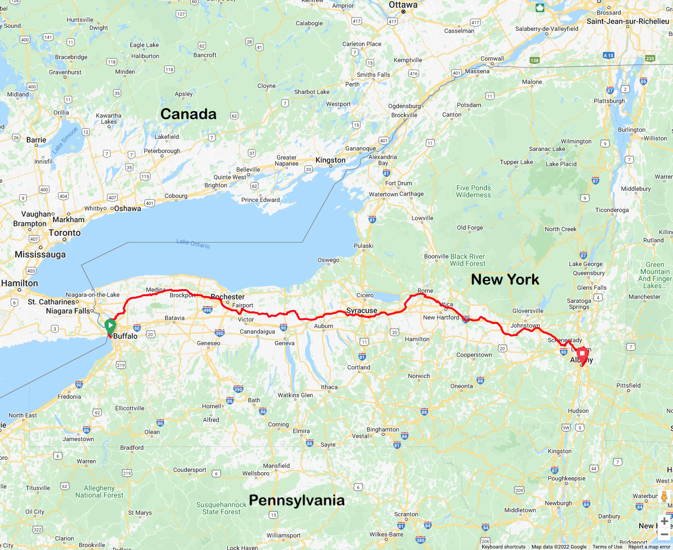 380 miles (612 km) from Buffalo to Albany, New York (USA)