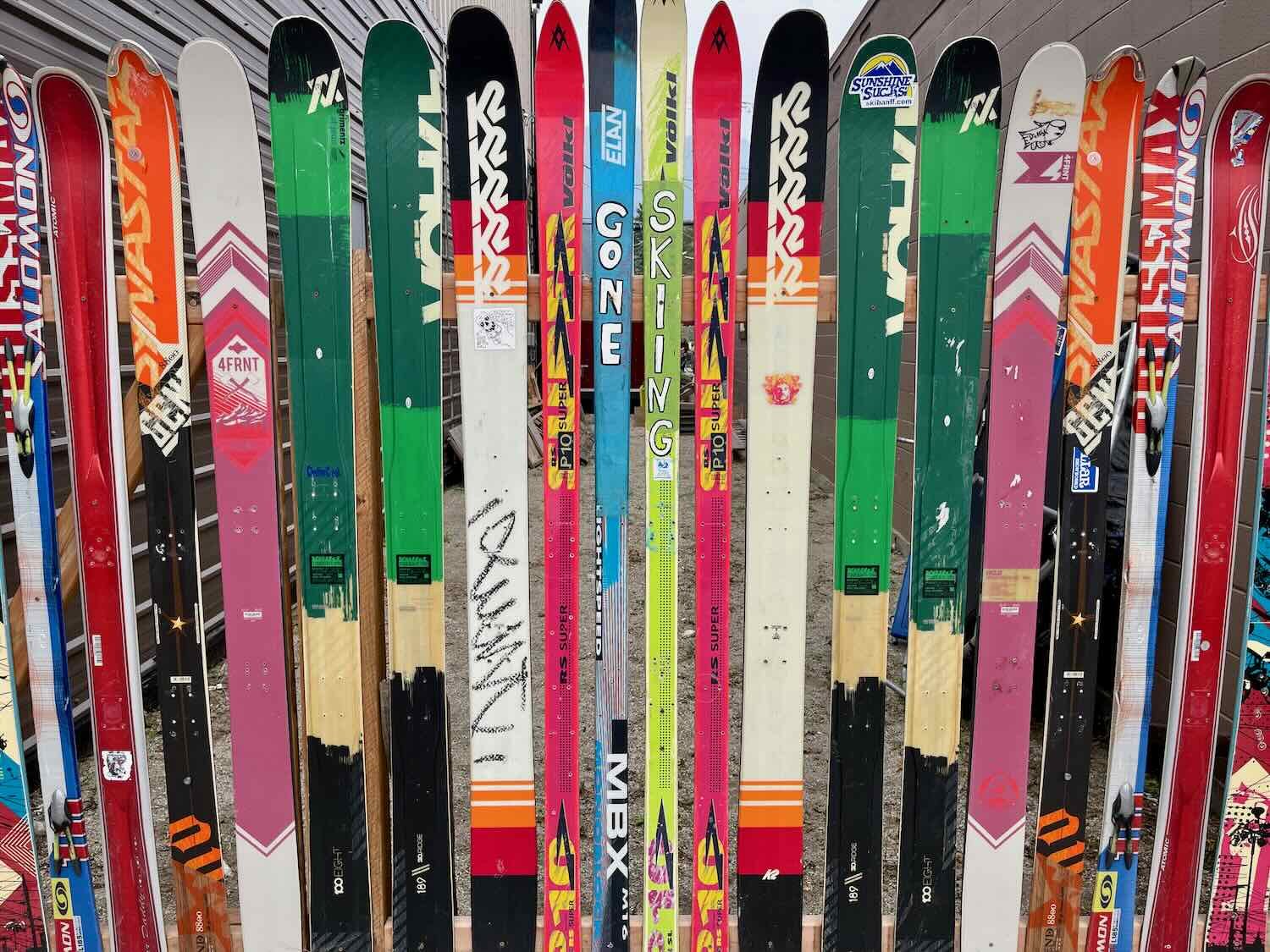 Skis decorate the outdoor shop