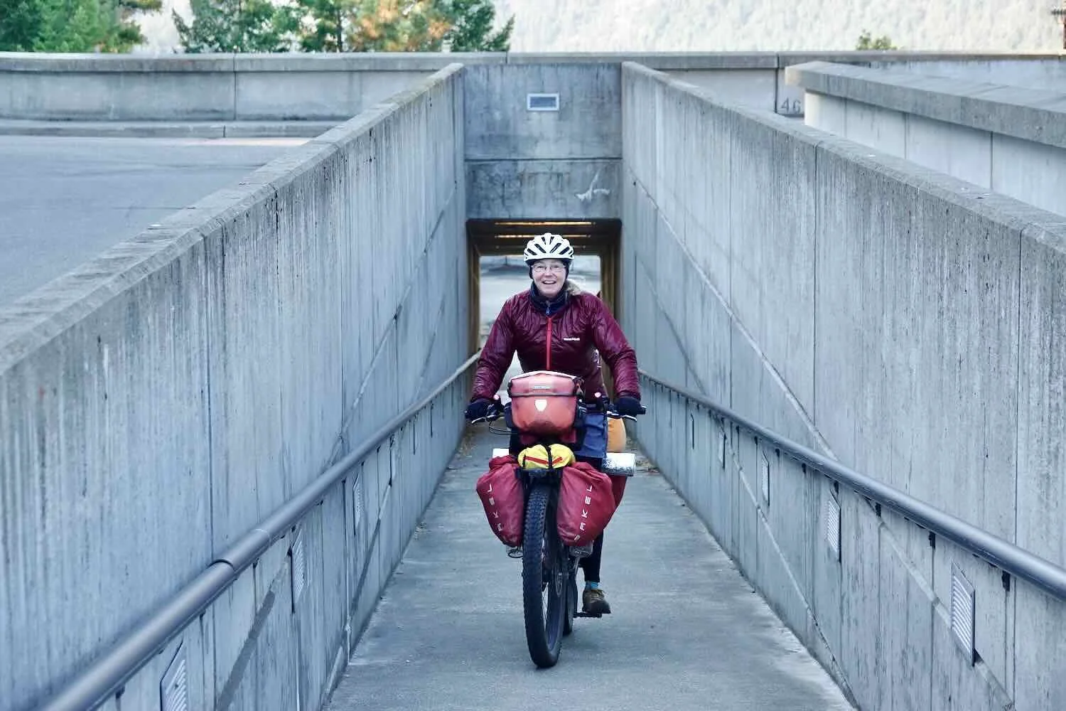 Cycling up a narrow walkway at Libby Dam