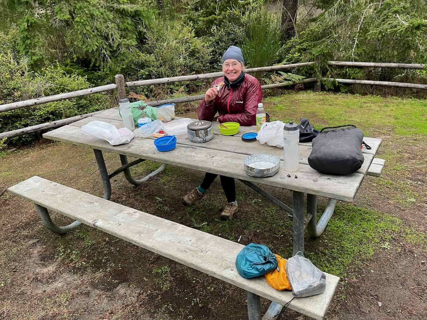 Enjoying the hiker/biker amenities at Bullards Beach State Park, Oregon