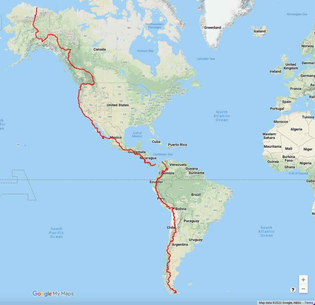 22,000 miles (35,400 km) from Alaska to Patagonia