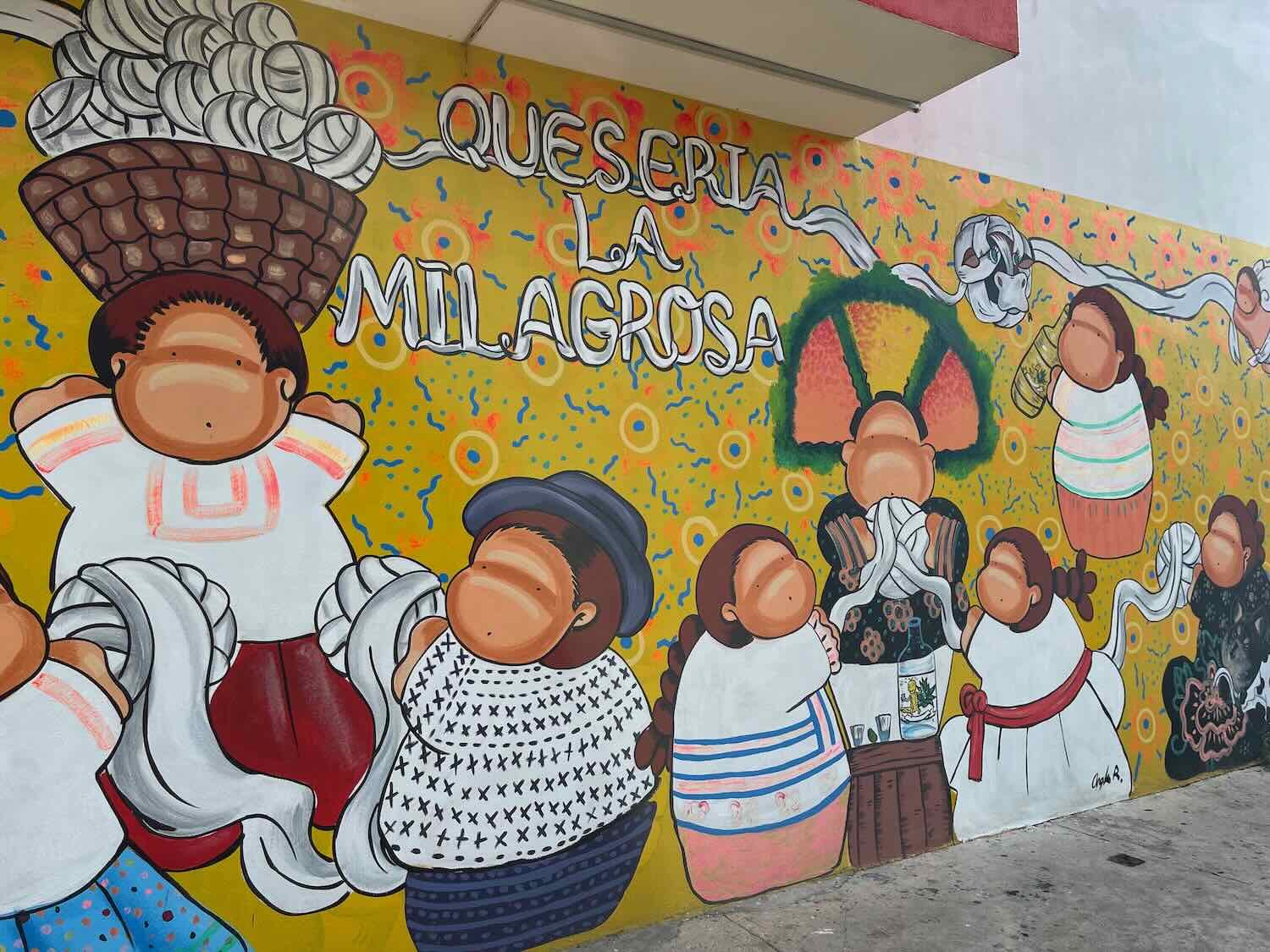 A playful mural at a Oaxacan cheese shop. The balls represent traditional Oaxacan string cheese.