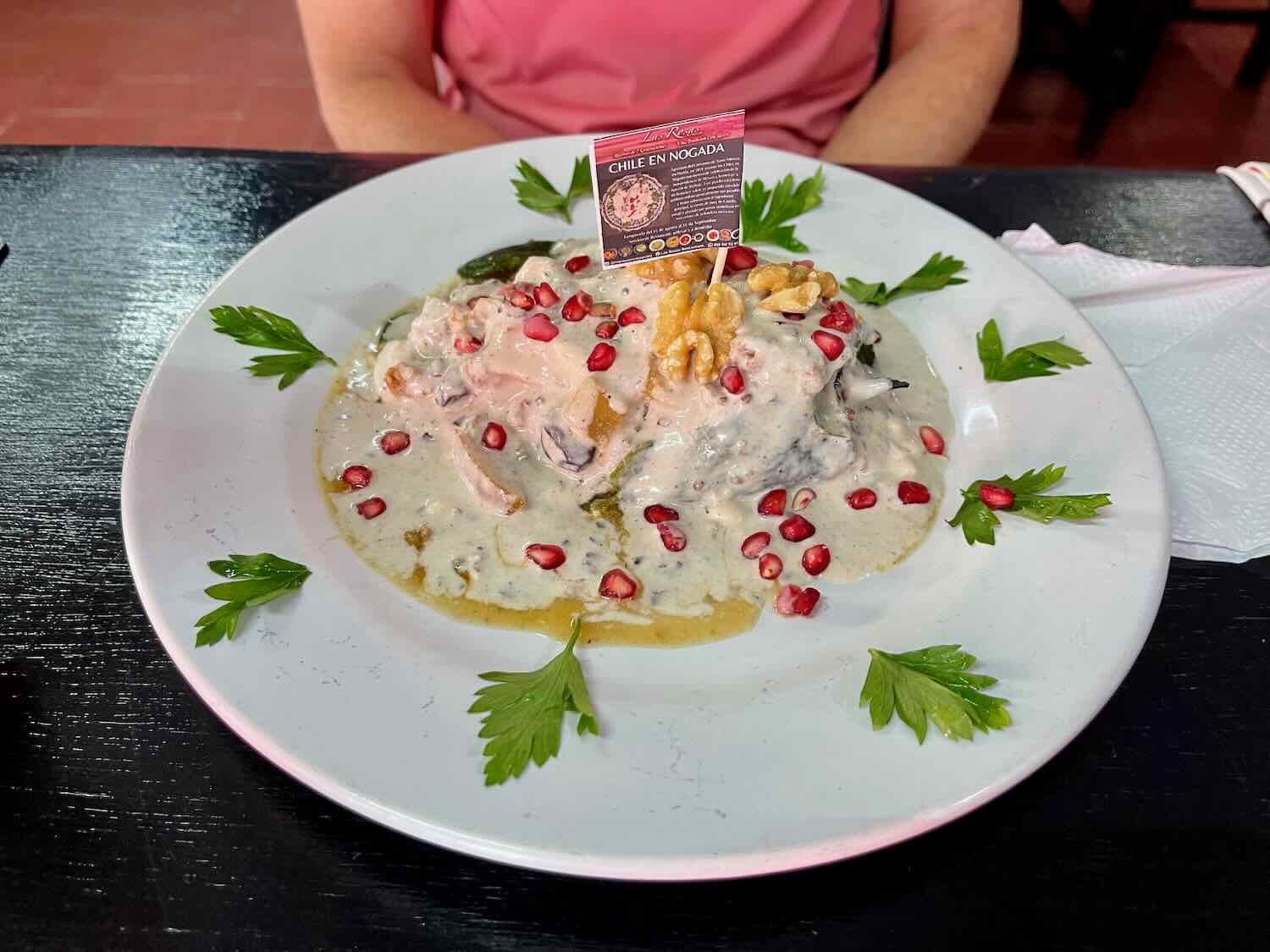 Chile en Nogada is a dish strongly associated with Mexico's Independence celebrations. The red, white and green ingredients evoke the colors of the Mexican flag.