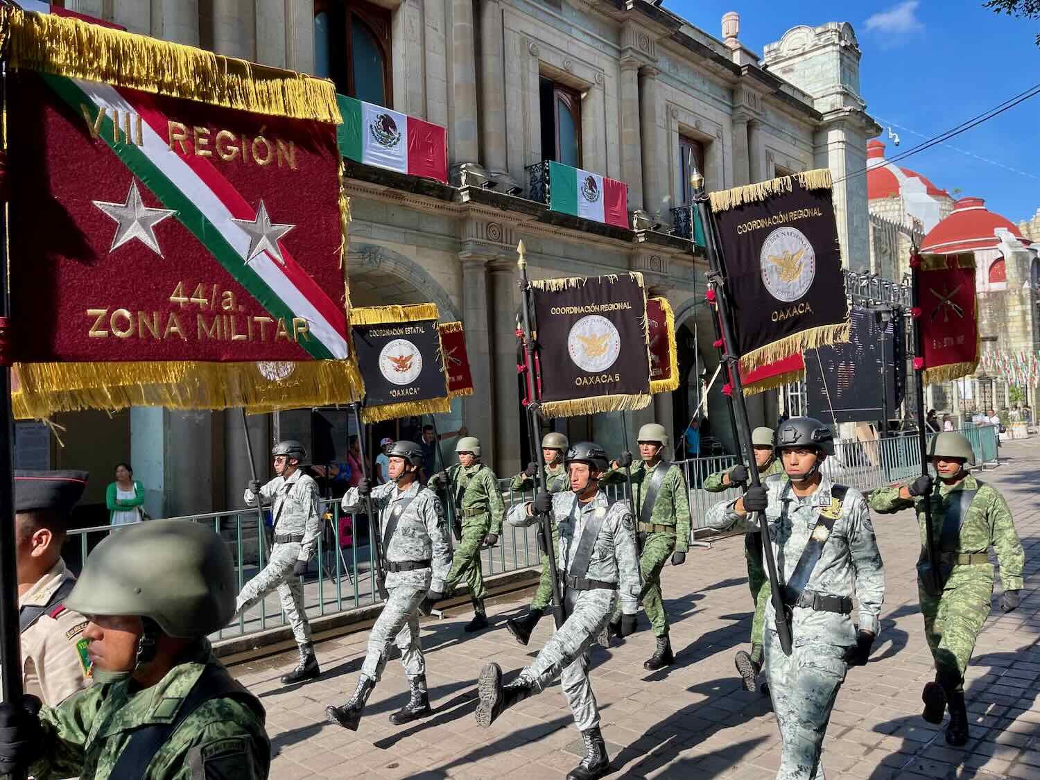 Many bigger towns host a military parade on Independence Day. We missed the formal parade. These soldiers were out practicing their moves before the parade.