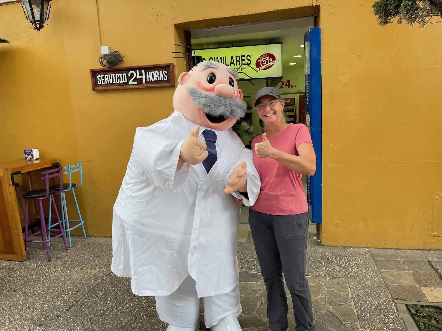 Hanging out with Dr. Simi, the cartoon mascot of a Mexican pharmacy chain