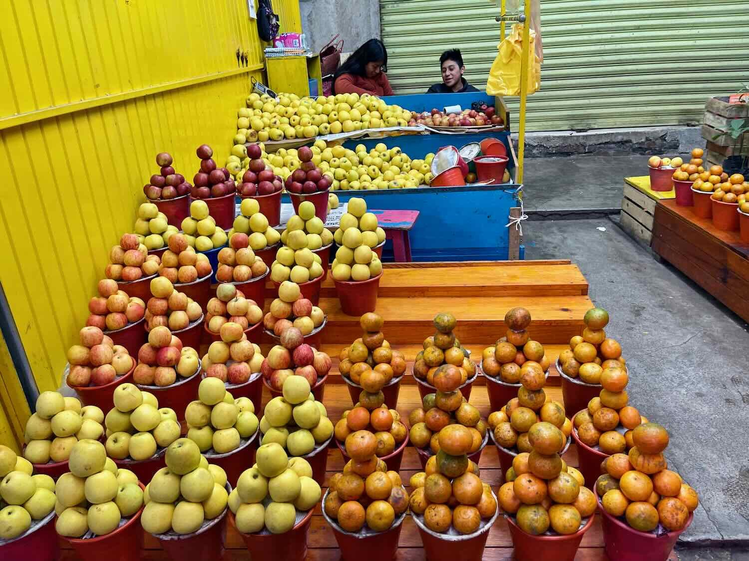 Meticulously stacked fruits