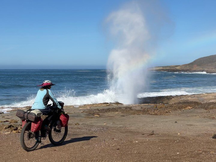 We were cycling along the beach in Baja, Mexico and found sea spouts, rainbows and amazing water views!  We were told that the sea spouts are only visible once every 30 visits when the conditions are just right.  We felt lucky to just happen to be pa