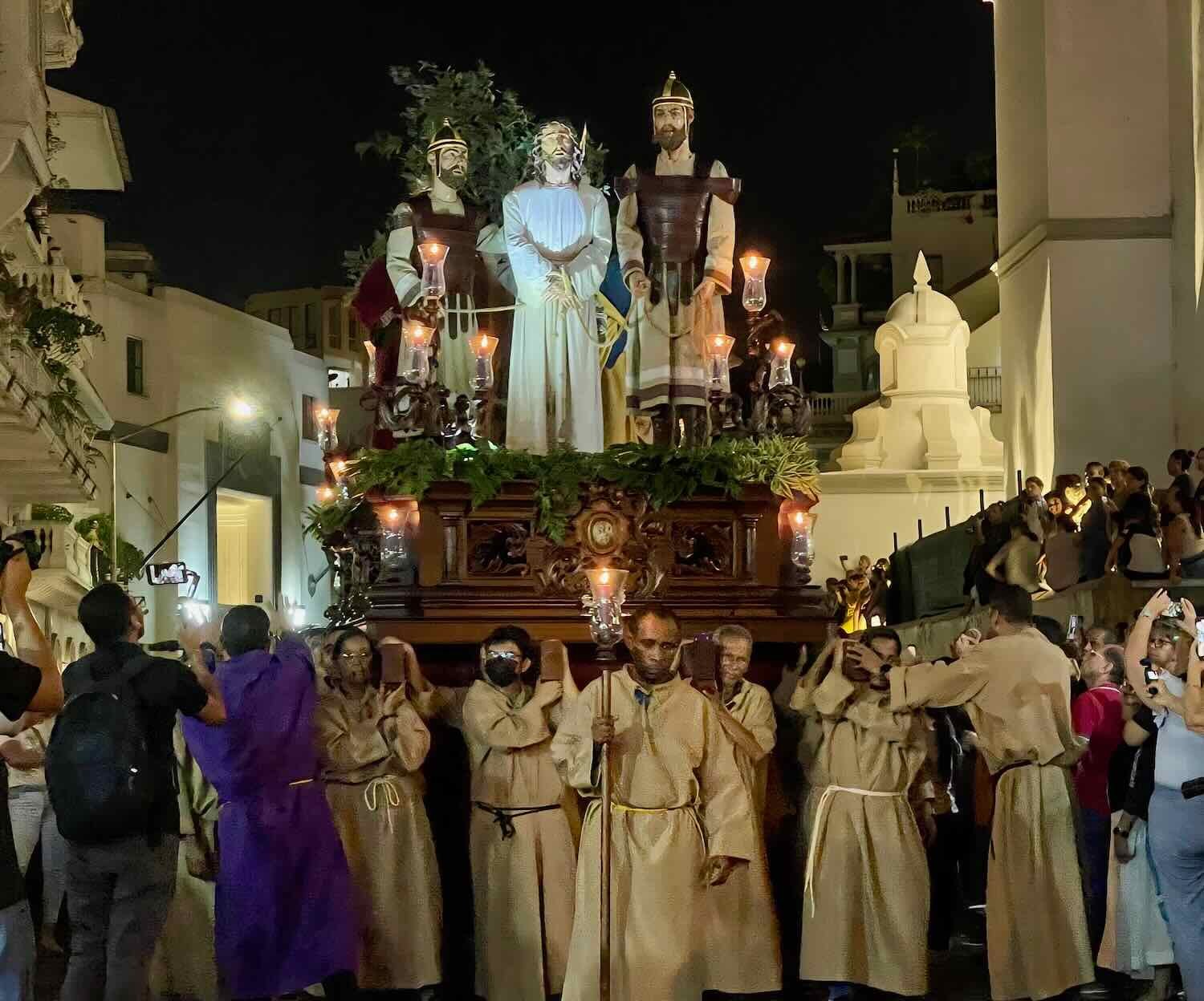 Porters carried a huge ‘paso’ depicting Jesus’s arrest by Roman soldiers. It looked very heavy