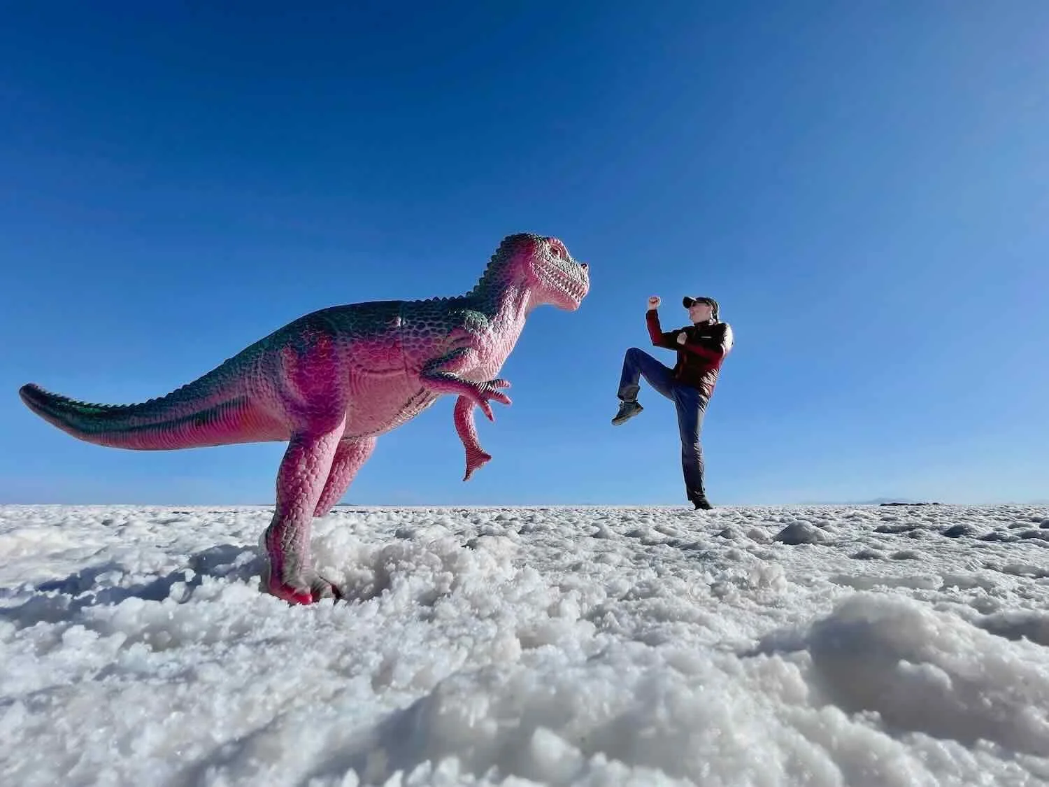 Fighting off the giant dinosaur