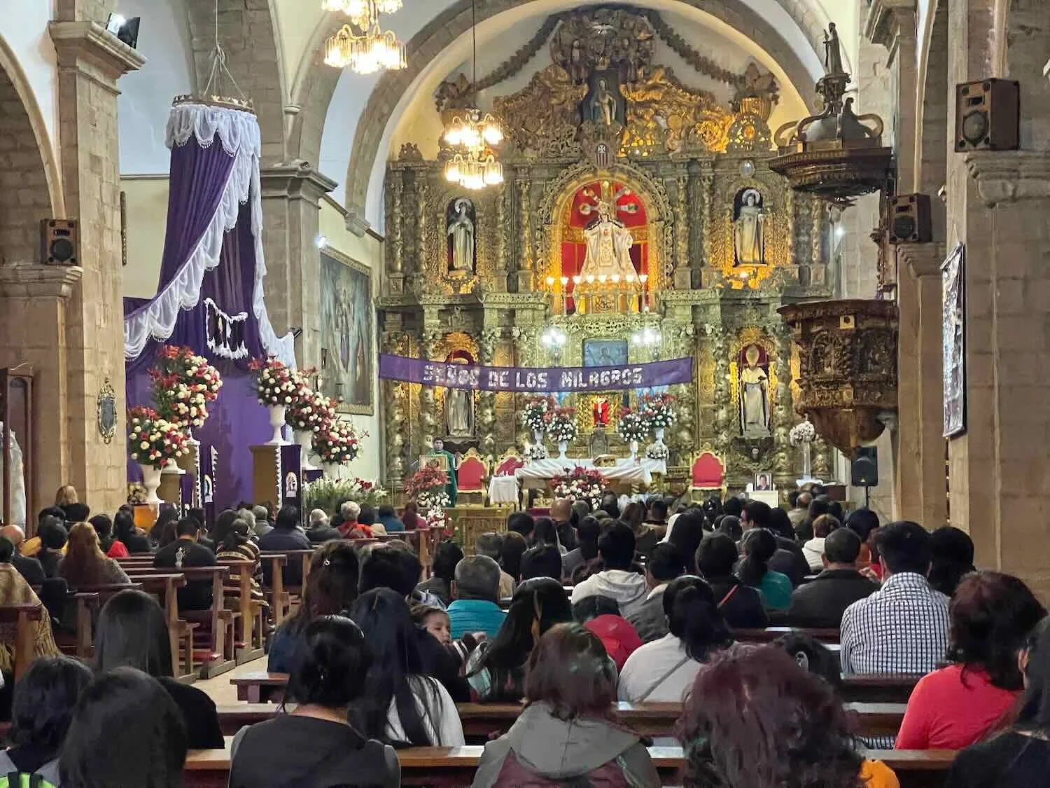The ornate altar inside the Church of our Lady of Mercy also had a mix of Christian and Indigenous imagery.