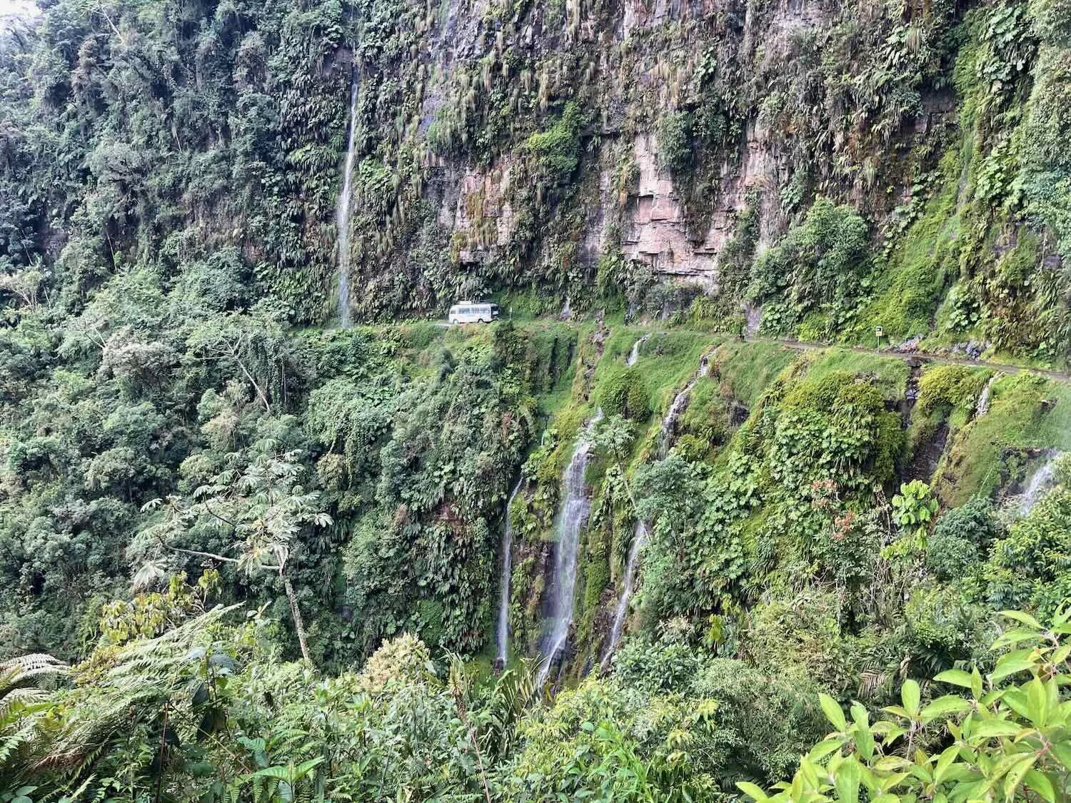 The tour bus followed us down the narrow and treacherous road. This area is known as the San Juan Waterfalls.