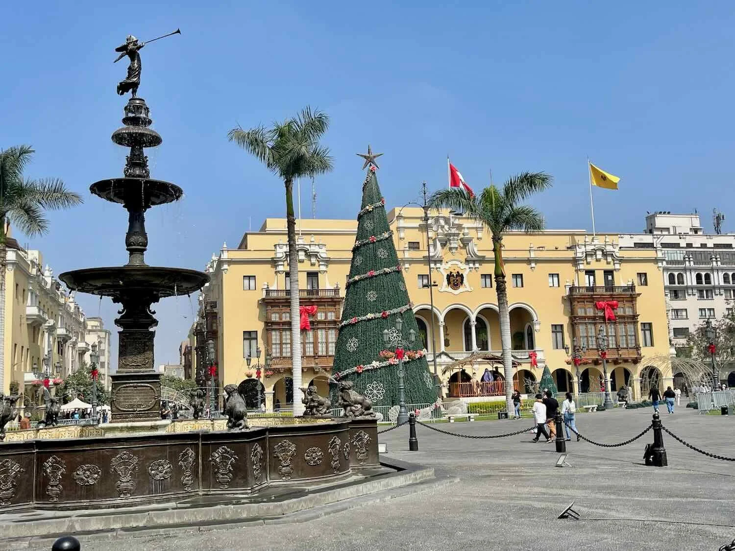Christmas decorations near the Government Palace of Peru