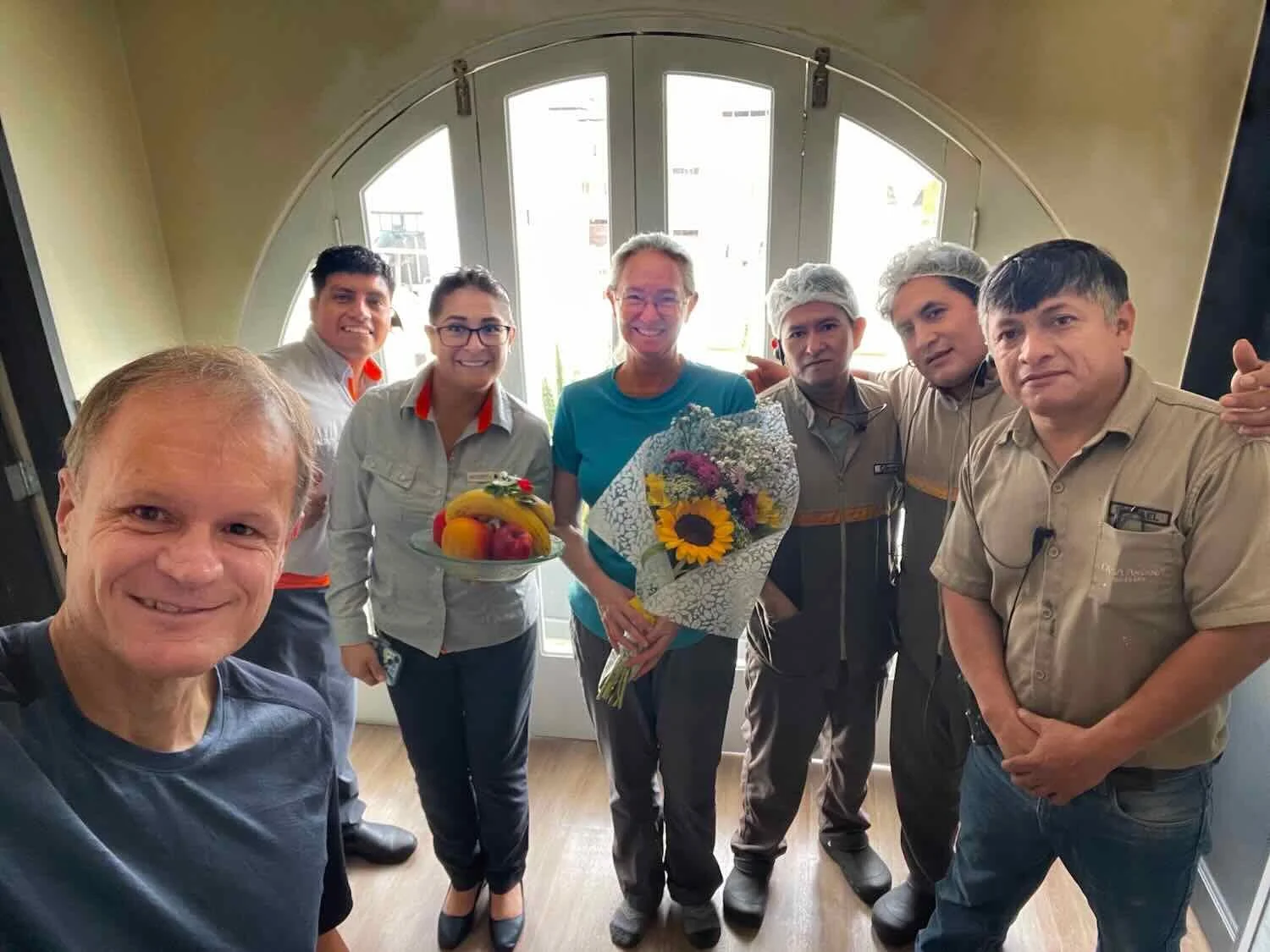 The hotel staff gave us some flowers and fruit, wishing PedalingGuy a speedy recovery