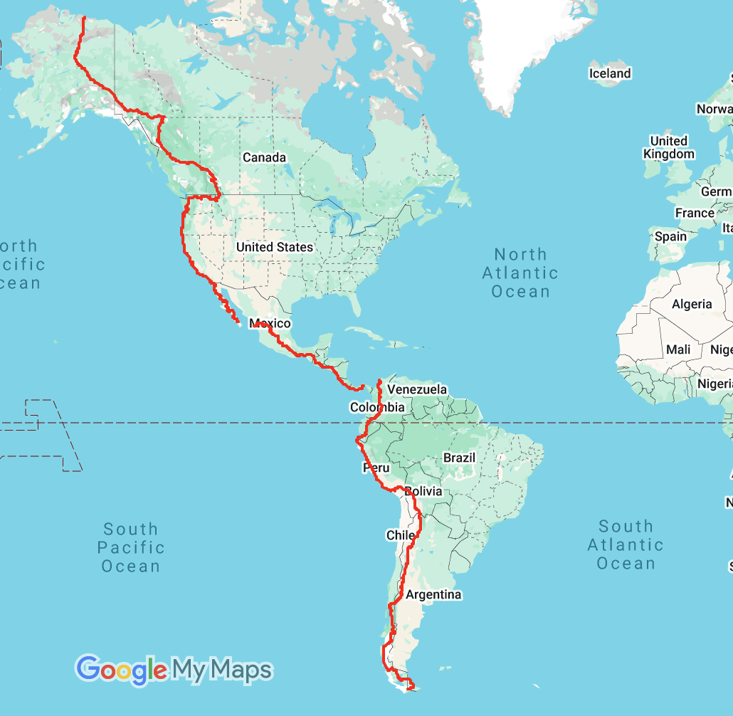 20,000 miles (32,200 km) from Alaska to Patagonia