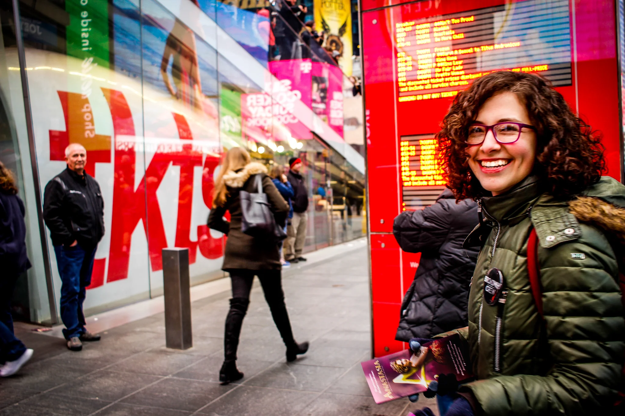 Our awesome crew member Tova having a blast at the TKTS booth in Times Square.