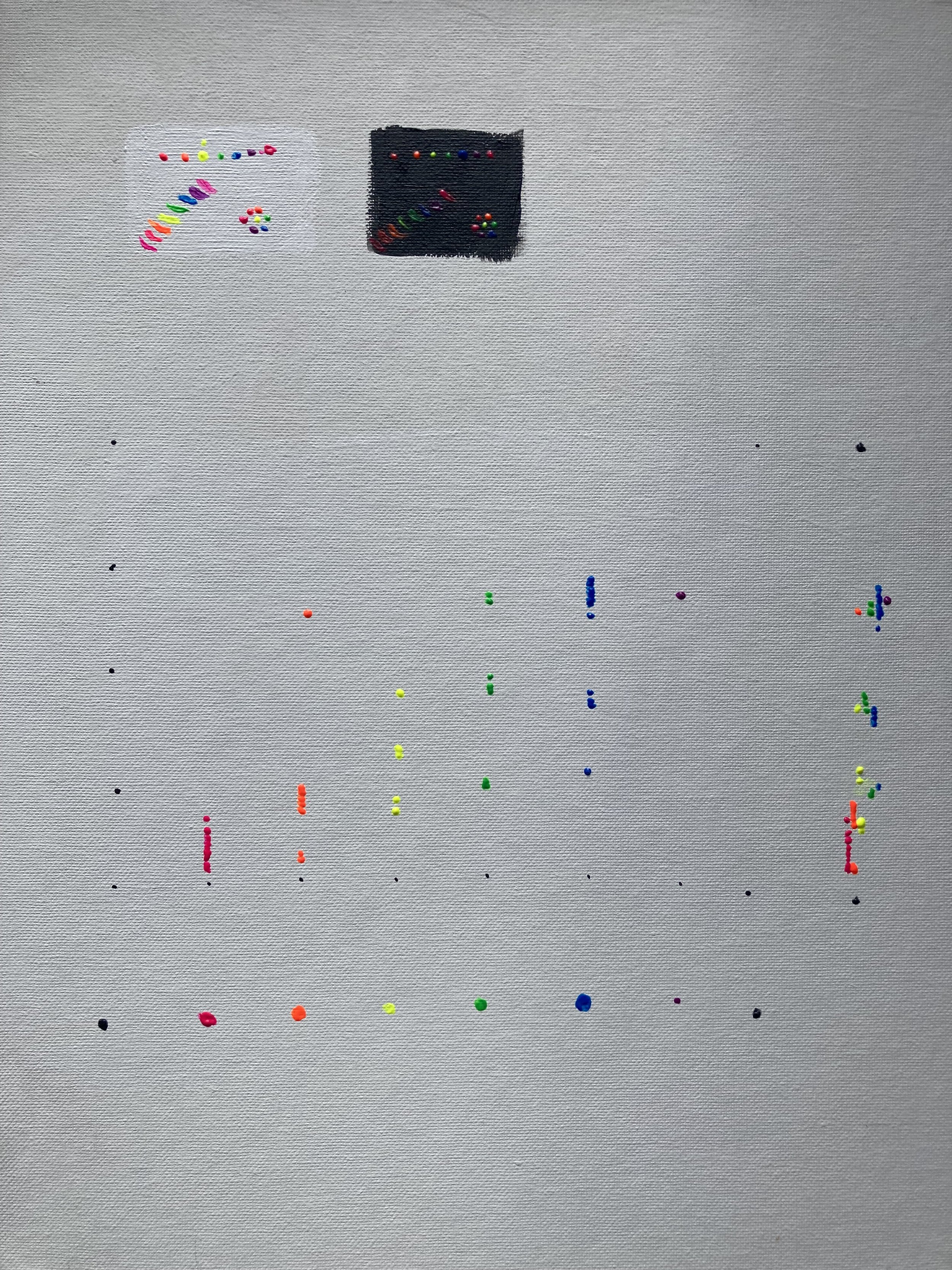  A painting of a chart with magnitude on the x-axis and time on the y-axis, with six colors of dots (colors of the rainbow) present on the plot, all on a white background.  
