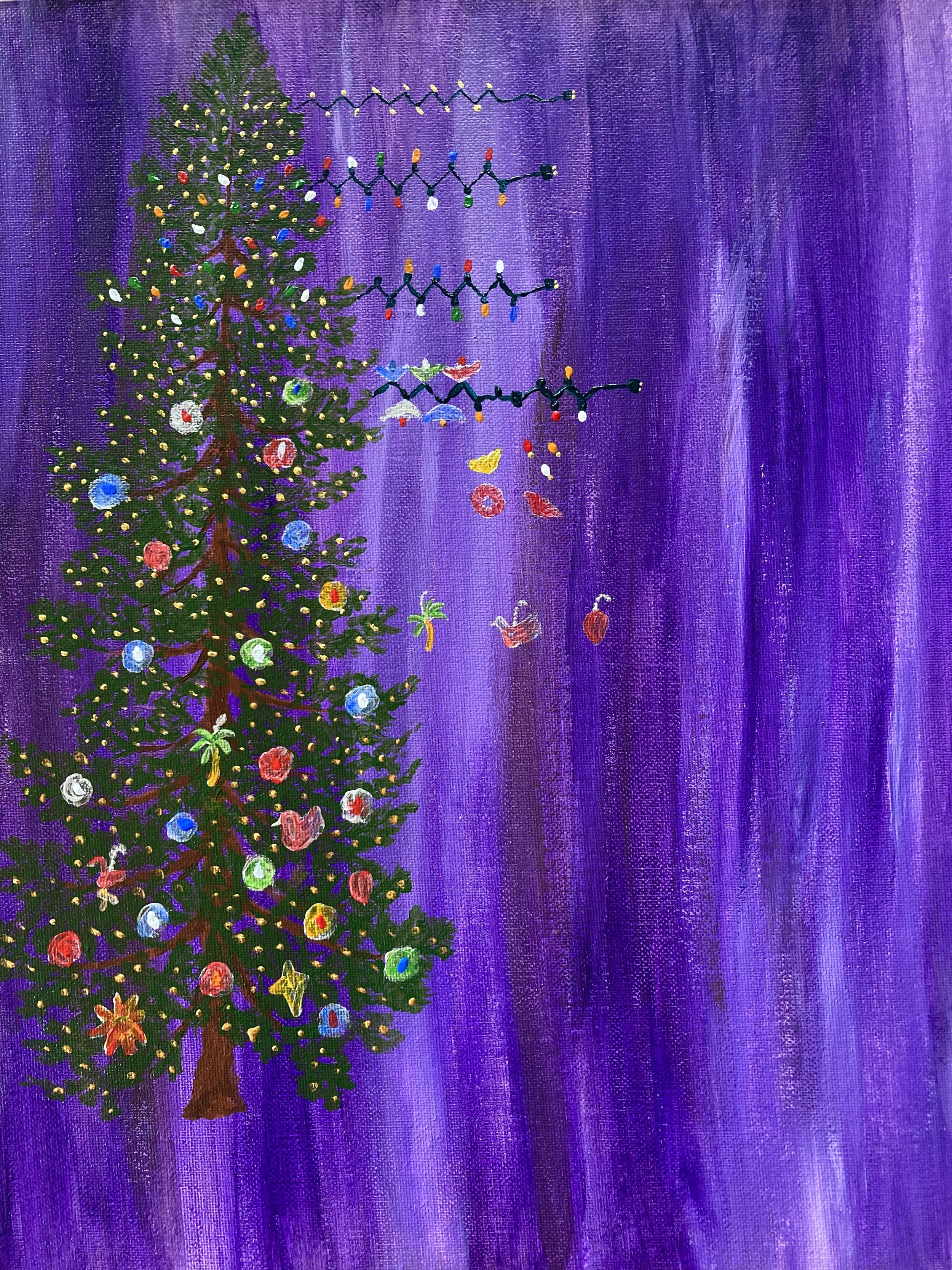  Painting of a decorated Christmas tree on a purple background, with strands of lights and groups of ornaments representing the timeline of decoration. 