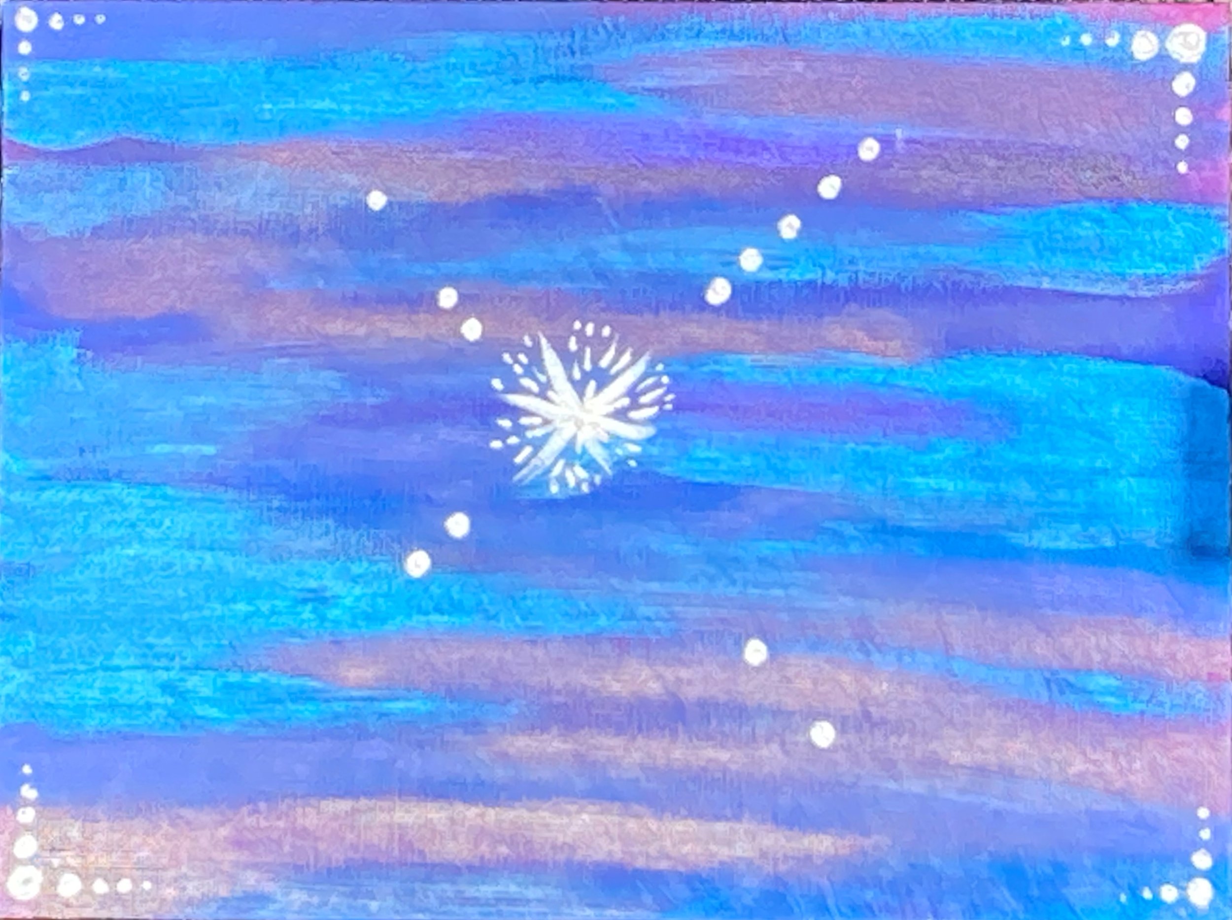  A painting of a silver star on a blue and purple background with four sets of dots radiating outwards in orthogonal directions, each dot representing a point in a design process.  