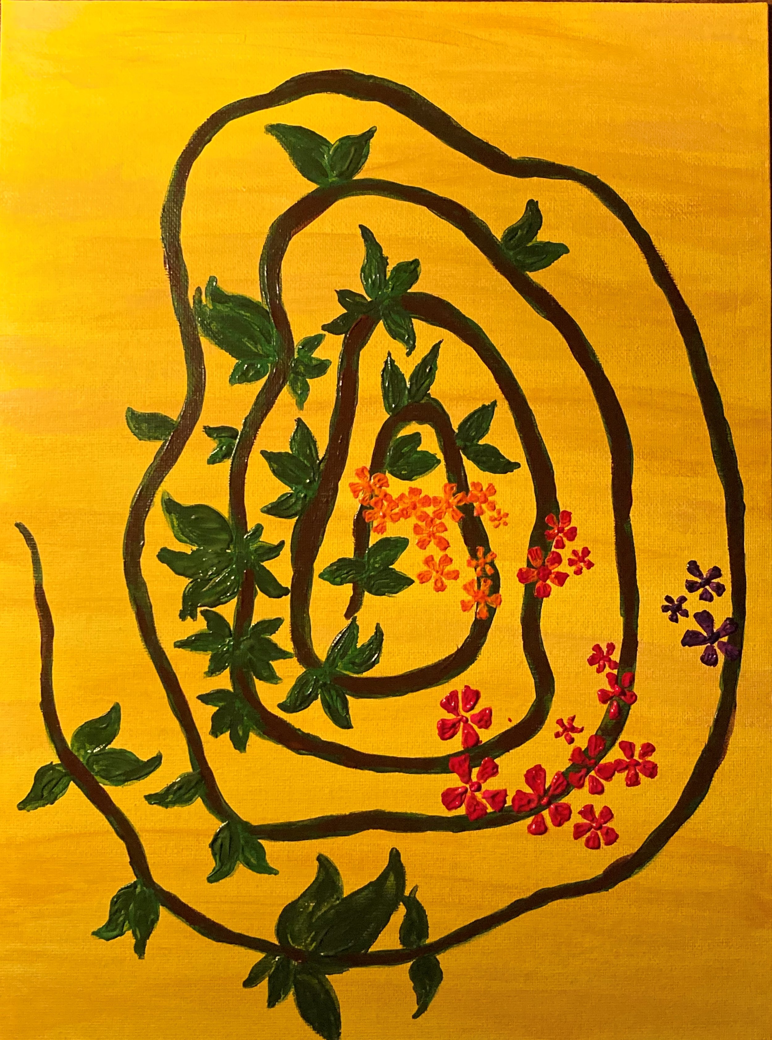  A painting of a spiraled vine with leaves and clusters of orange, red, pink, and purple flowers on a yellow background, representing a design process over time. 