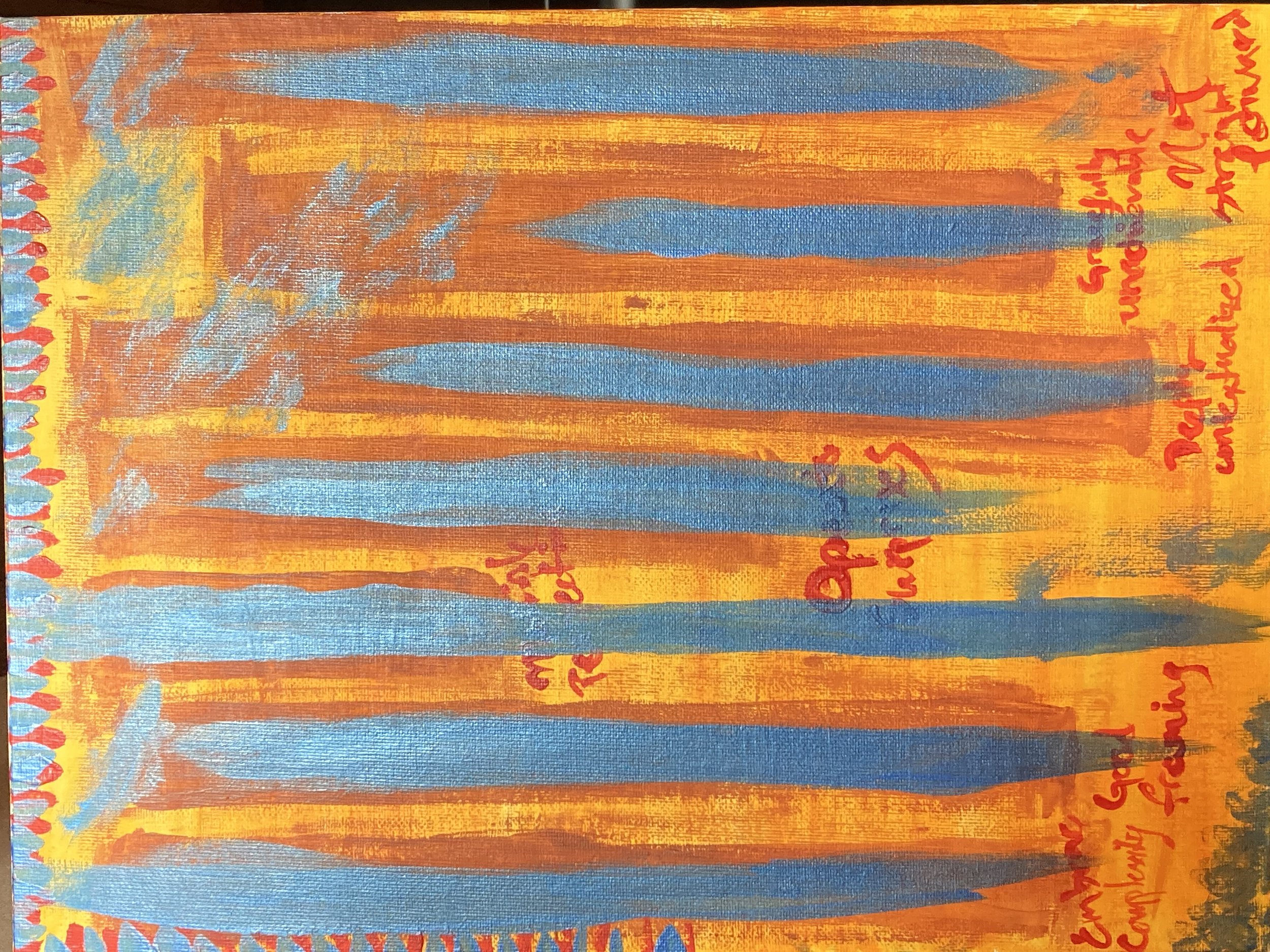  A painting of a series of horizontal blue stripes on a background of orange and yellow, each blue line labeled with types of experiences during a design process in red lettering. 