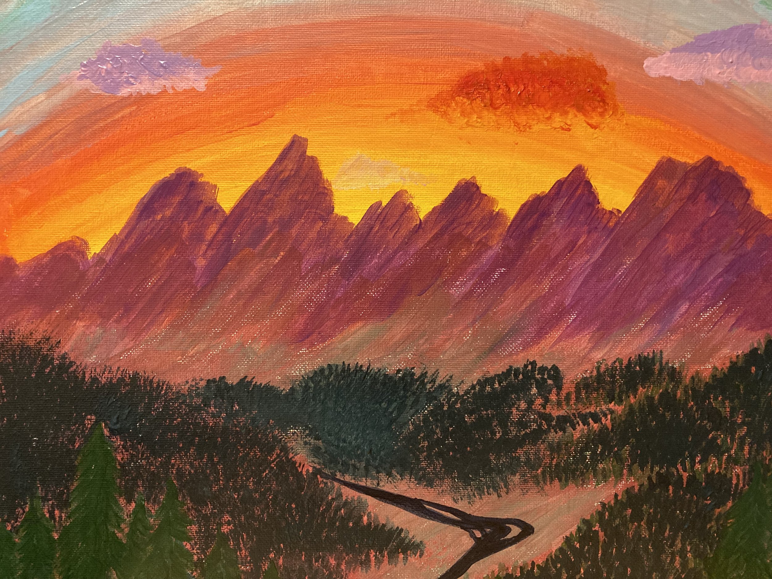 Painting of Tetons viewed from the east with the sunset behind the peaks and a river running at the base of the mountains.  