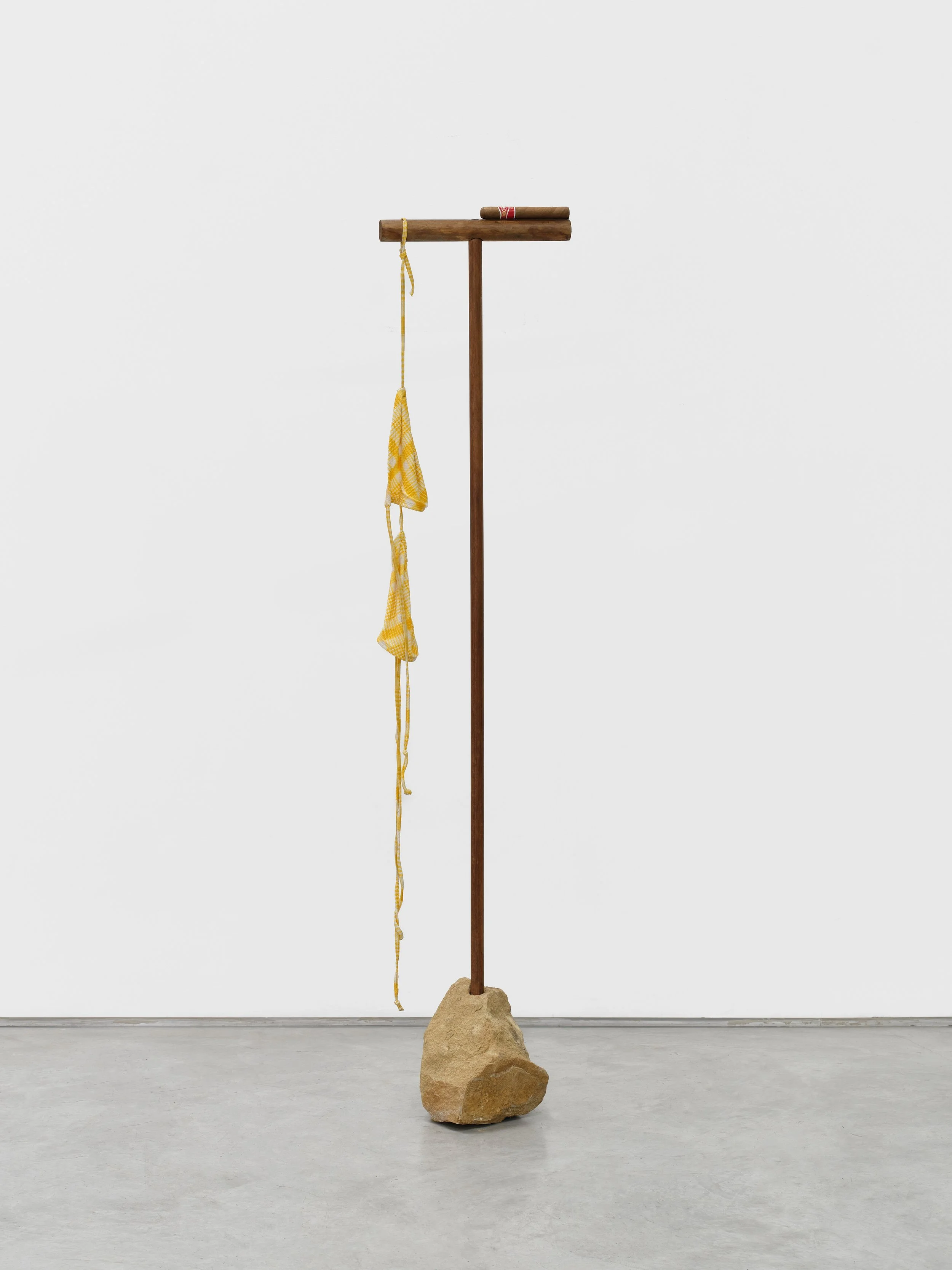   Star Crossed at High Tide , 2025 Santa Barbara sandstone, wood, bikini top, Romeo &amp; Juliet cigar 