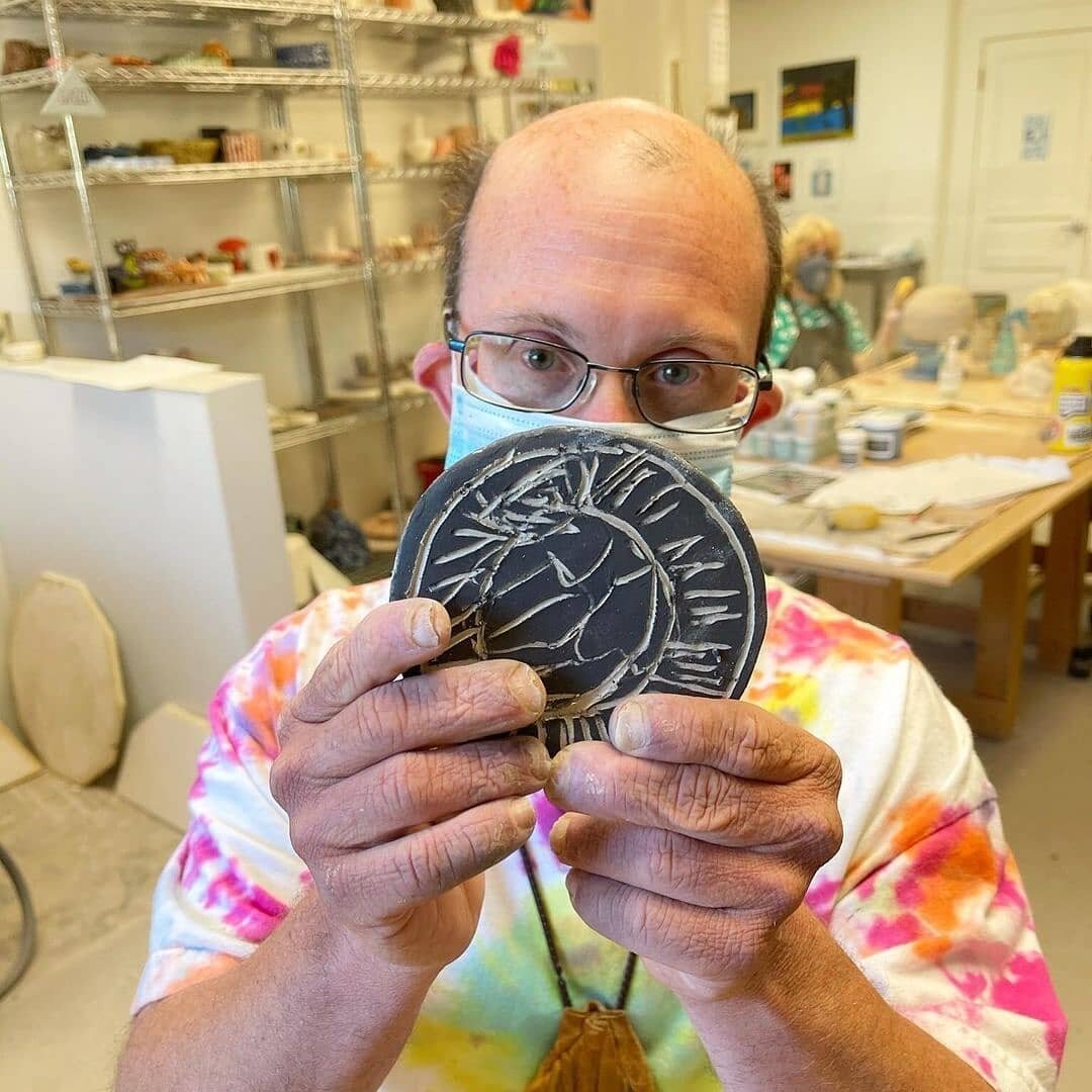 Here is some recent w.i.p. ceramic work made in the Auburn studio! 
The first and second photo show Billy Garner and his sgraffito coaster set! ☕️ 
The third photo shows Lindsay Platz&rsquo;s ceramic jewelry of all shapes and sizes with small plants 