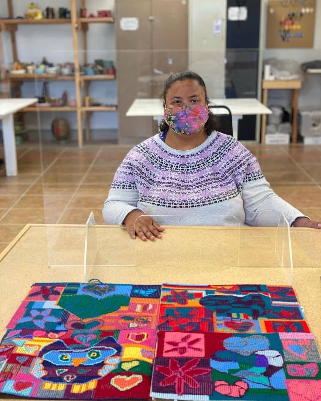 Christina Anderson has been working really hard to design these plastic canvas. She&rsquo;s going to sew them together to make several tote bags. We are loving the fun imagery and bright colors that she chose. Stay tuned for the finished project! 
.
