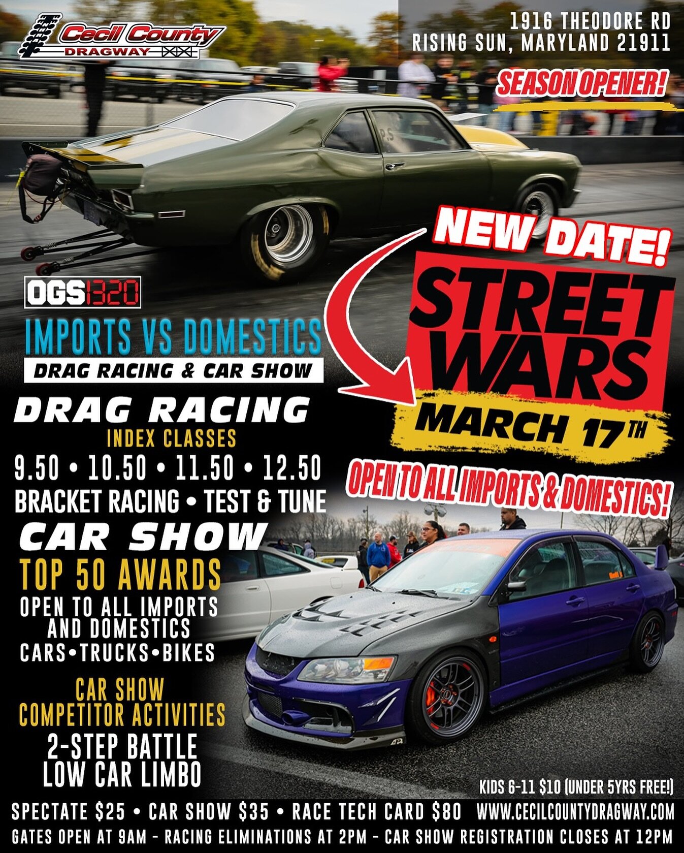 Coming up in a few days. Street Wars: Imports VS Domestics on March 17th at Cecil County Dragway! 

@streetwarsevents will be open to ALL imports and domestics (cars, trucks and bikes) and every skill of driver, new and experienced! Like all OGS1320 