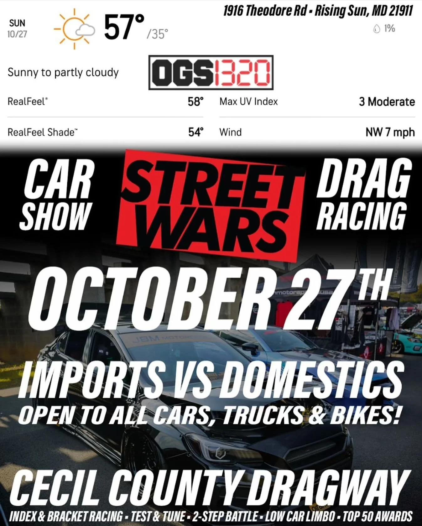 Today is the day for Street Wars! Don&rsquo;t miss out on our season closer!

#StreetWars Imports VS Domestics is going down today Sunday October 27th at @cecilcountydragway! Drag racing &amp; car show all day long, open to all cars, trucks, and bike