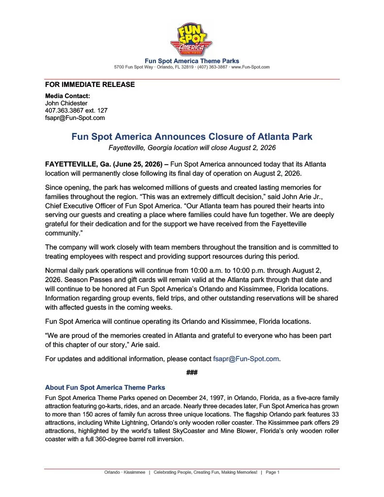 Media release from Fun Spot America announcing the Atlanta location's closure.