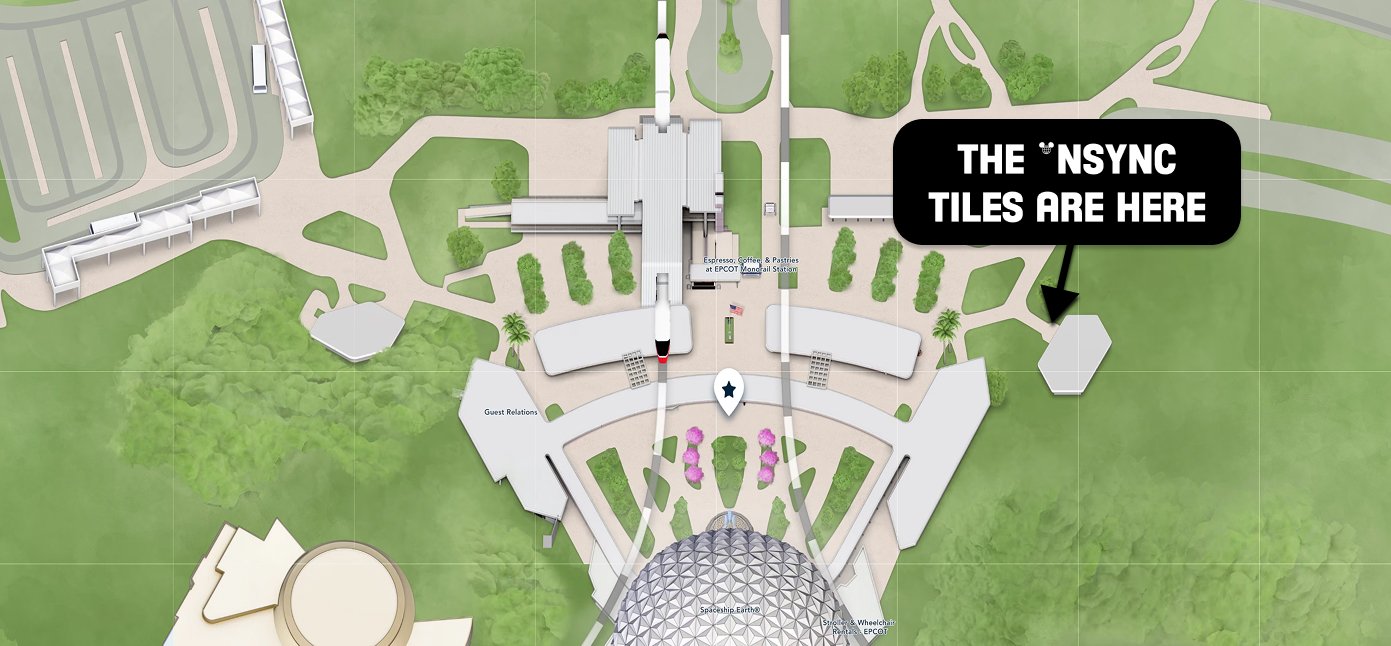 Map of EPCOT showing where to find the *NSYNC tiles